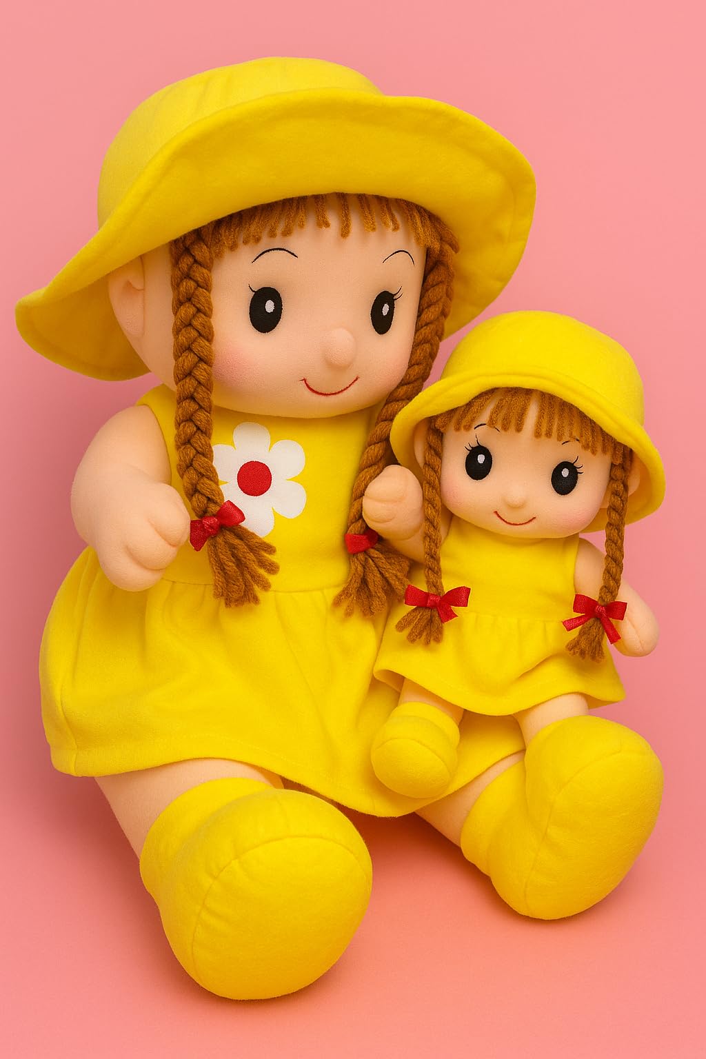Yellow Plush Doll Set, Stuffed Toy Dolls with Braided Hair and Sun Hats, Mother Daughter Matching Outfit, Girls Gift-image-5