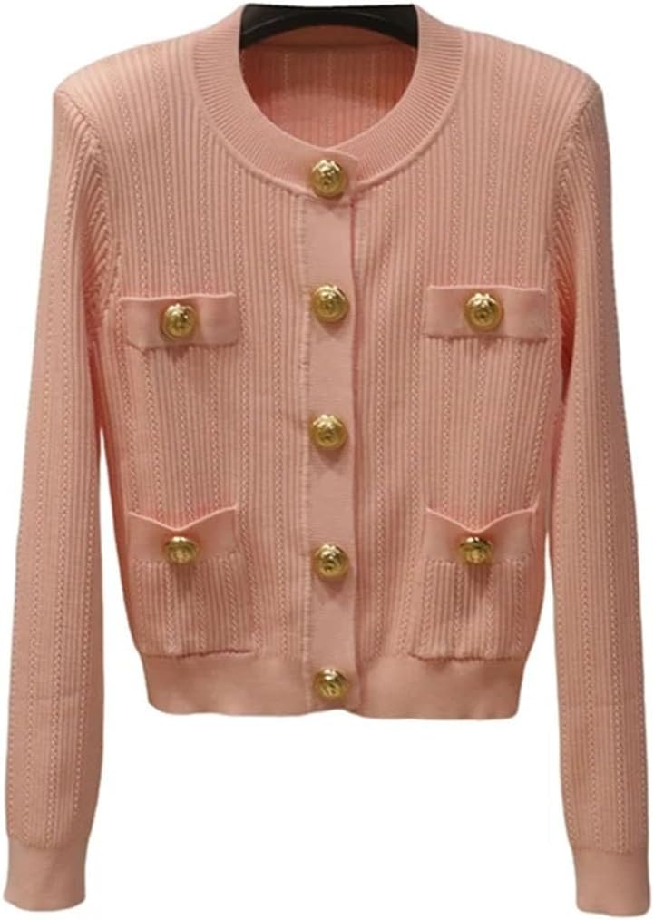 Alloaone Women's Long-Sleeved Metal Buckle Round Neck Double Pocket Pink Knitted Cardigan Sweater Coat