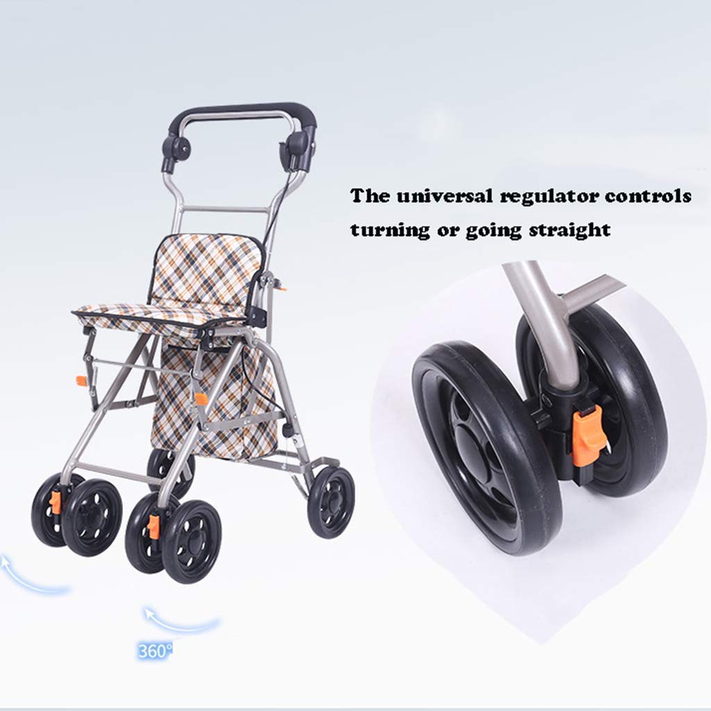 Carrello per la Spesa con deambulatore a Quattro Ruote, in Alluminio, Leggero e Pieghevole, con Sedile per deambulazione, con Schienale e Cestino per la Spesa.