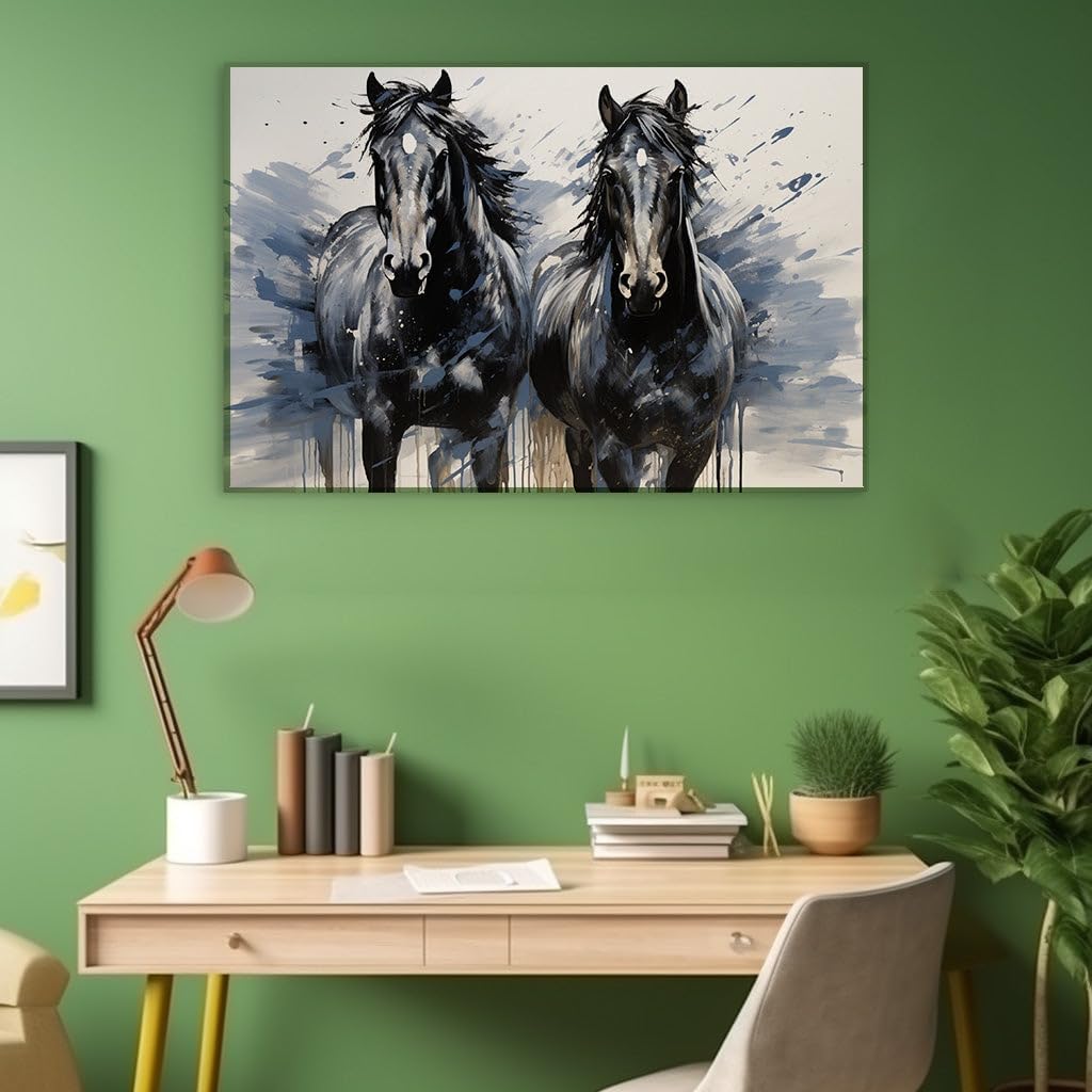 Canvas for Living room. Galloping Grace: Capturing the Dynamic Elegance of Black Horses in Digital Art, 27 x 18 inch Canvas Wall Art - Contemporary Masterpieces - Nature Home Decor