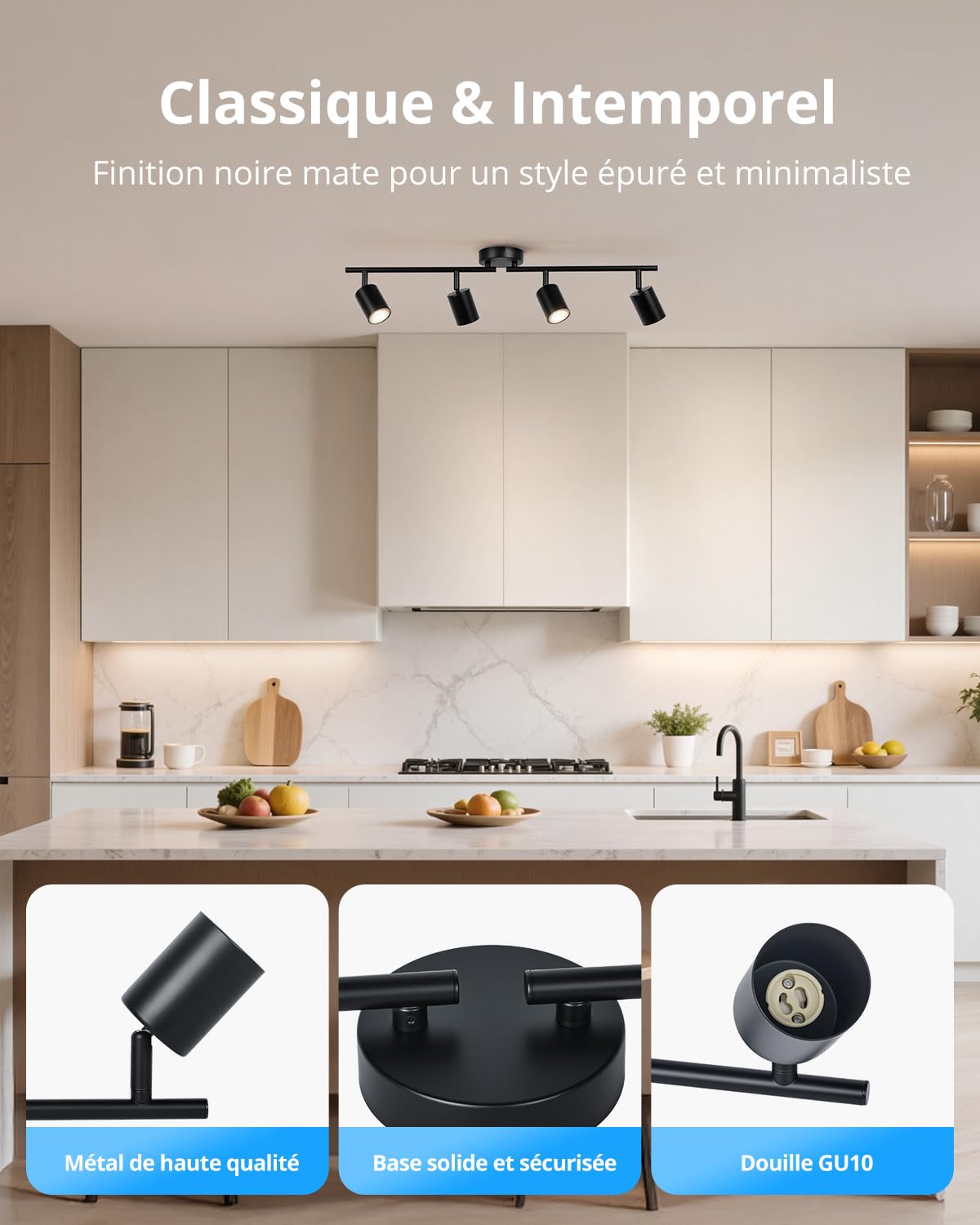 Gr4tec Plafonnier 4 Spots Orientable GU10 Noir, Luminaire Plafond LED Mural, Barre de Spot pour Cuisine