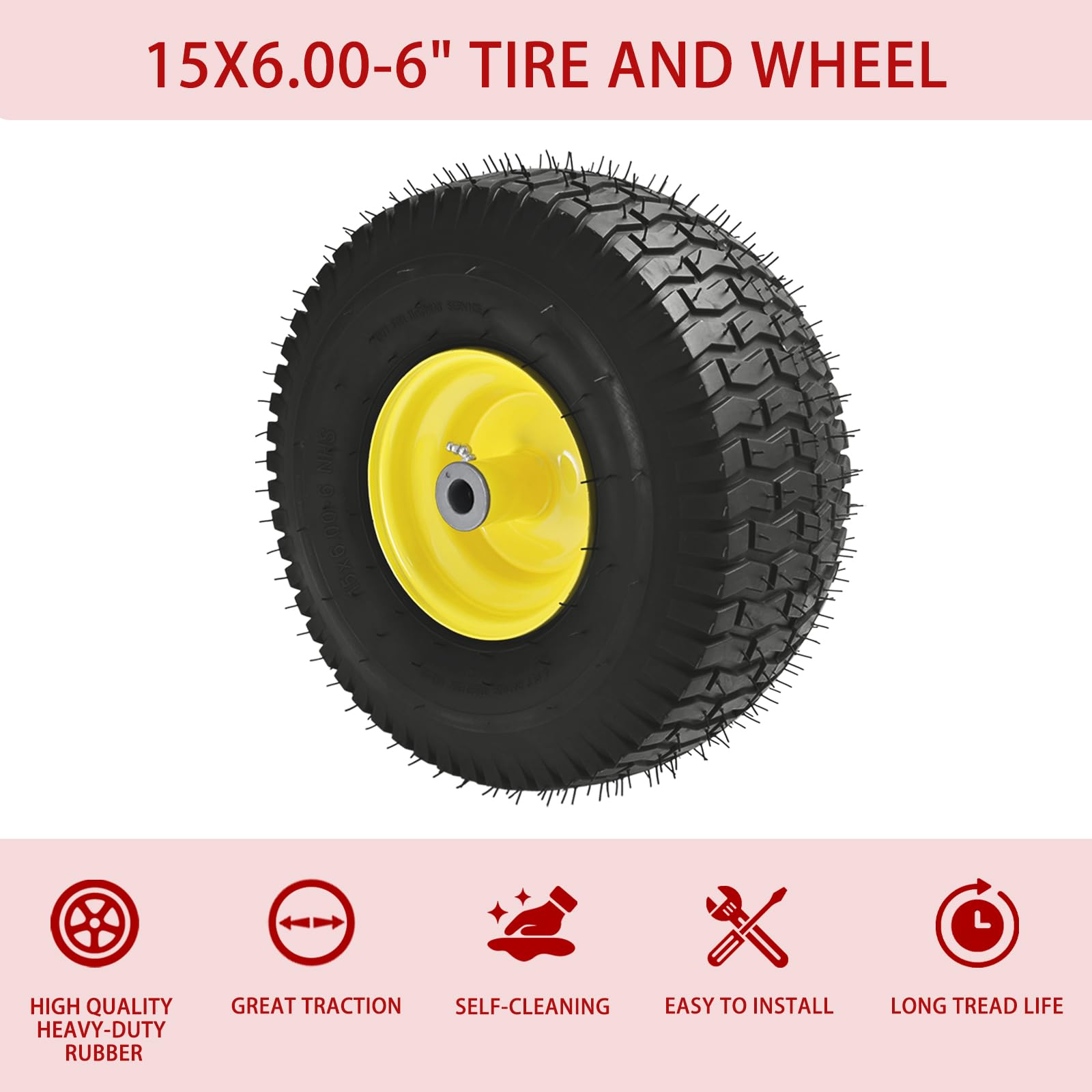 Neumáticos para cortacésped de 15 x 6.00-6 (rueda amarilla) 15 x 6-6 pulgadas de repuesto para cortacésped Craftsman/John Deere/Cub Cadet, cubo de desplazamiento de 4 capas sin cámara, buje de