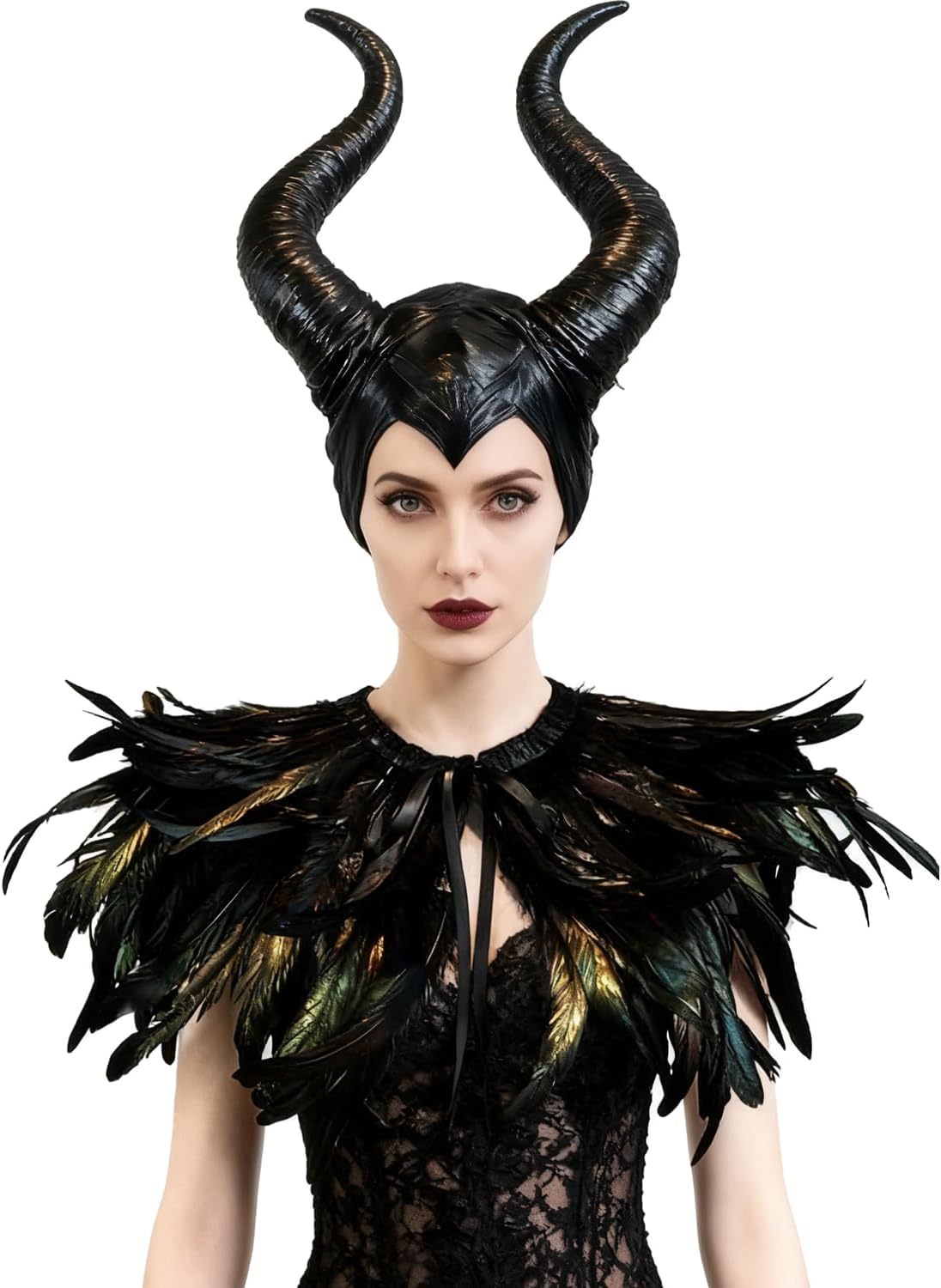 L'VOW Women Gothic Black Feather Cape Shawl with Demon Ox Horns Halloween Crow Queen Costume - Image 3