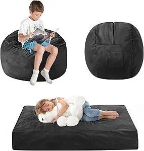 Kids Bean Bag Chair Bed - Convertible Lazy Chair to Floor Mattress with Filler - Small Beanbag Chair for Boys and Girls - Floor Couch Sofa in Bedroom, Classroom, Reading Nook - Carbon Black