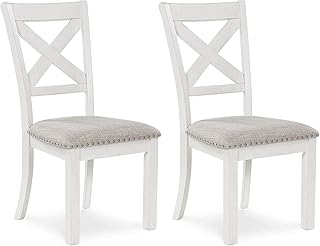 Signature Design by Ashley Robbinsdale Casual Upholstered Solid Wood Dining Chair with Nailhead Trim, Set of 2, White & Light Gray