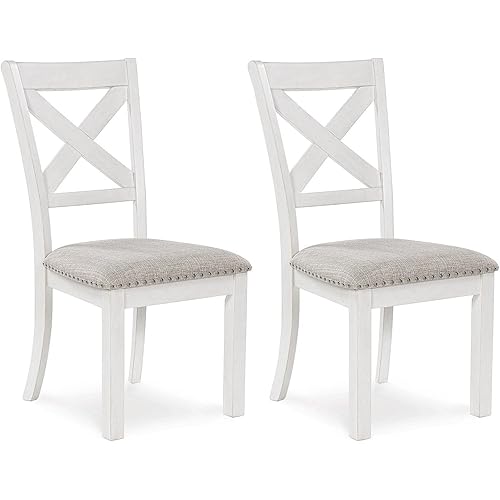 Signature Design by Ashley Robbinsdale Casual Upholstered Solid Wood Dining Chair with Nailhead Trim, Set of 2, White & Light Gray