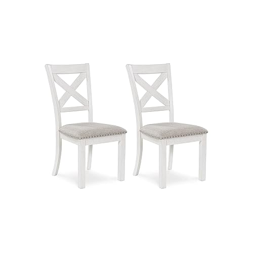 Signature Design by Ashley Robbinsdale Casual Upholstered Solid Wood Dining Chair with Nailhead Trim, Set of 2, White & Light Gray