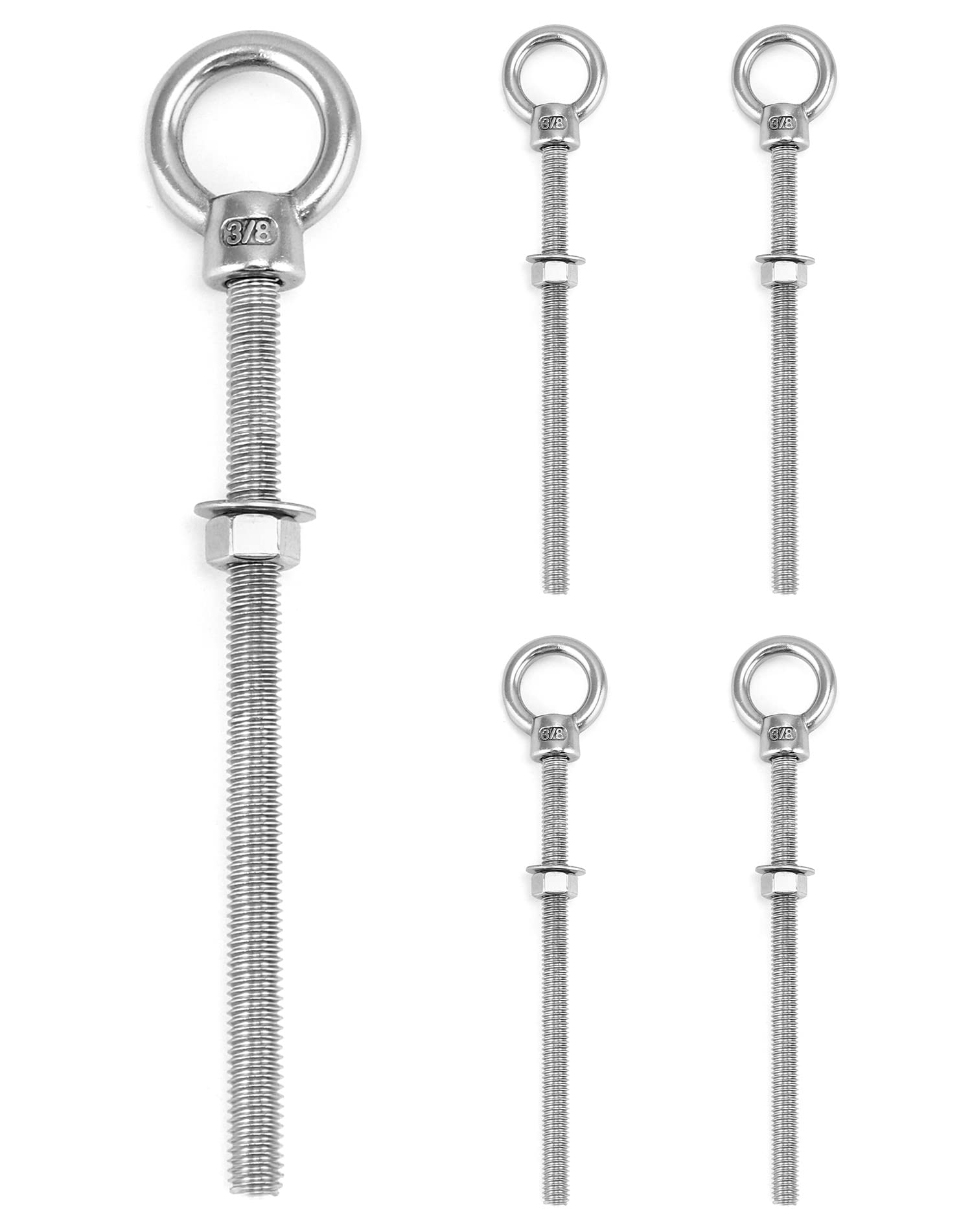 QWORK Threaded Eyebolts, 5 Pack 3/8" x 6" Long Stainless Steel Marine Grade Shoulder Eye Bolt