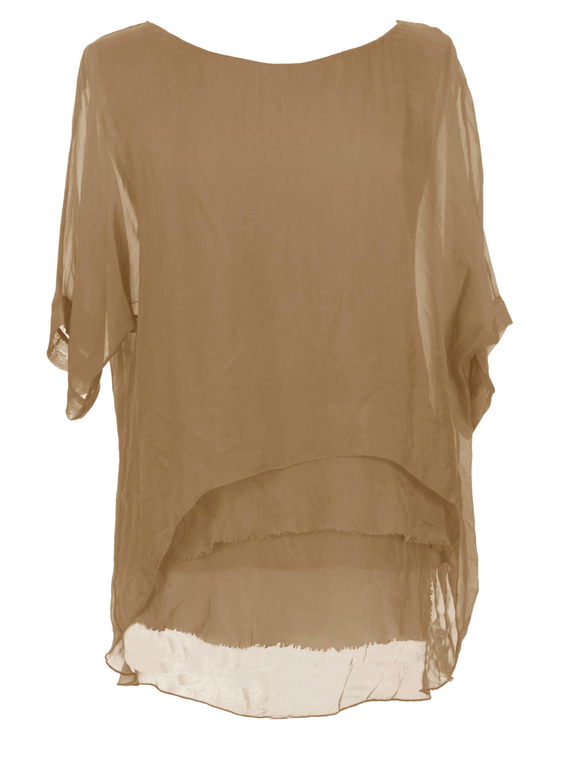 TEXTURE Ladies Womens Italian Lagenlook Short Sleeve Frill Frayed Hem Silk Tunic Top Blouse One Size (as8, alpha, one_size, regular, regular, Camel)