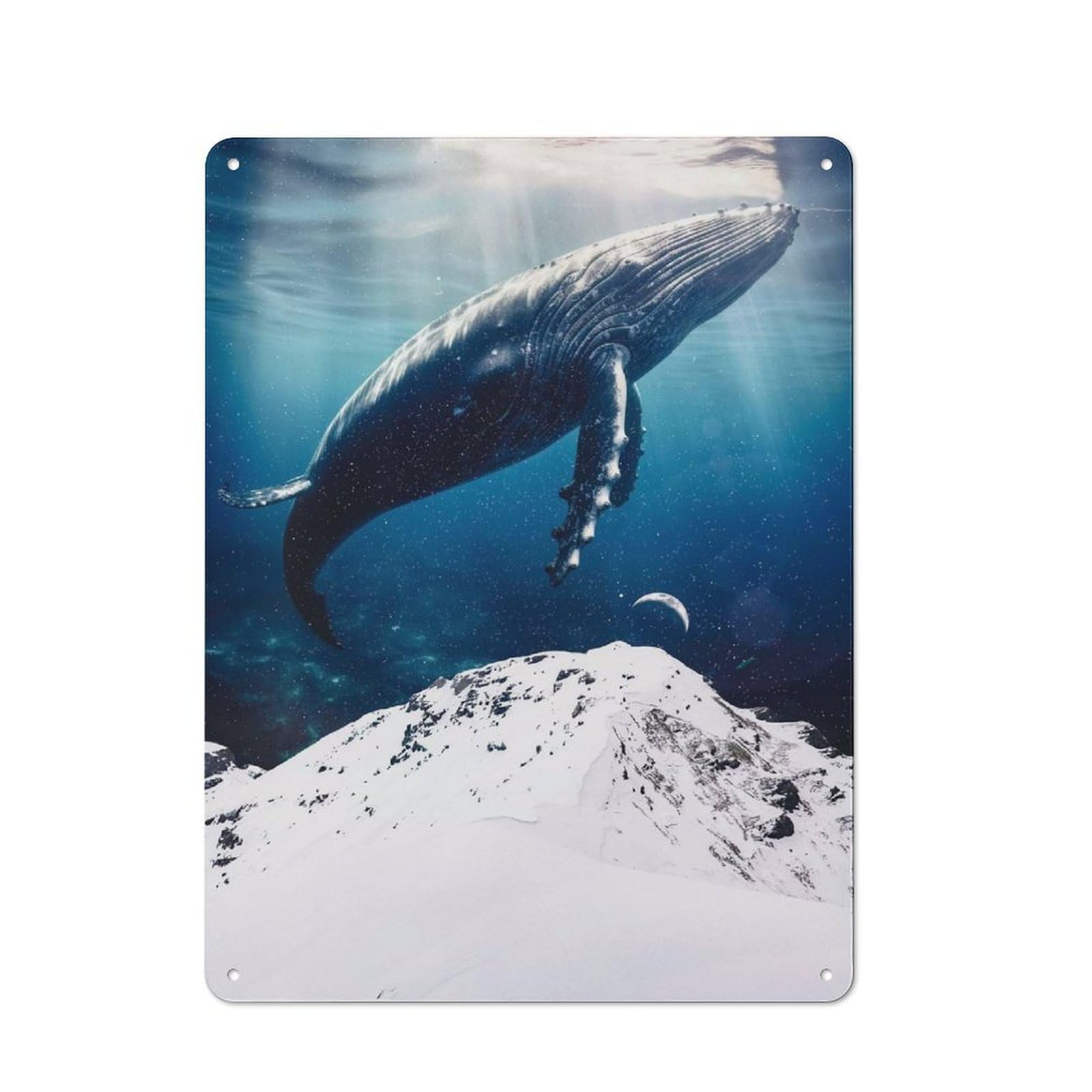 Decorative Metal Plaque with Giant Mountain Blue Whale Design 40x30cm, Warehouse Style Loft Wall Plaque for Flat, Bar, Studio Or Gallery Wall