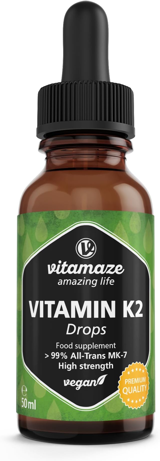 Vitamin K2 Drops, 200 mcg Vitamin K2 per Daily Dose, High Strength, Vegan & Liquid, MK-7 Menaquinone (> 99% All-Trans Form), 50 ml (1700 Drops), Supplement Without Additives, High Bioavailability