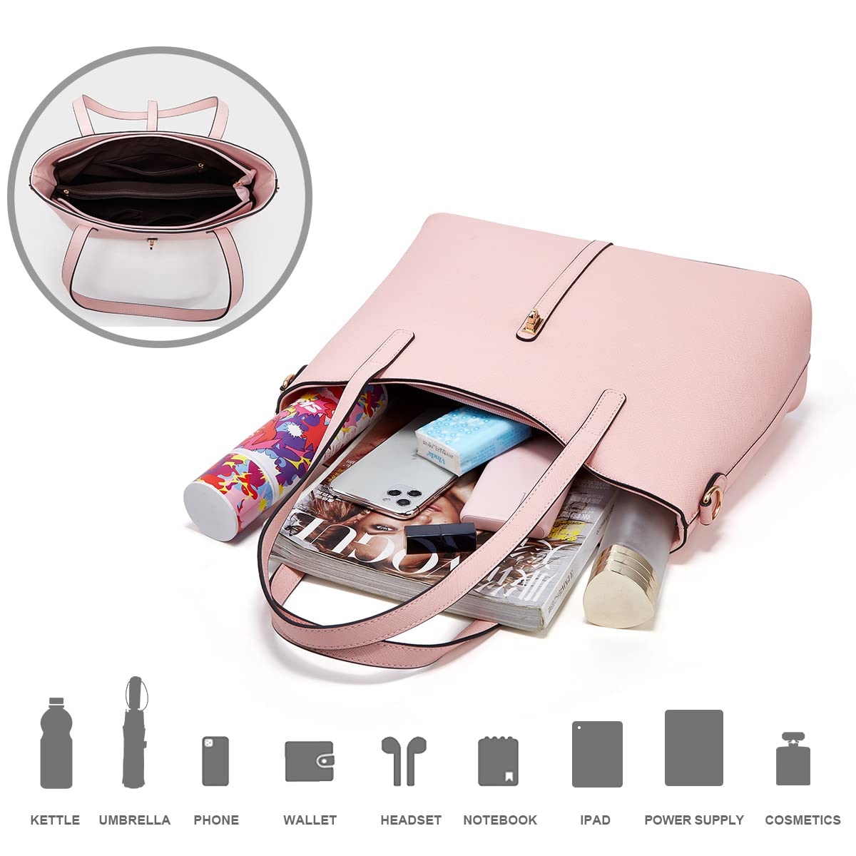 Women Fashion Handbags Wallet Tote Bag Shoulder Bag Top Handle Satchel Purse Set 4pcs: Pink-l