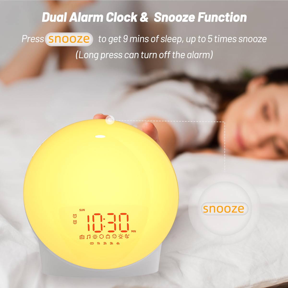 Réveil lumineux pour tout le monde, simulation du lever du soleil, aide au sommeil, double alarme, radio FM, répétition, veilleuse, 13 couleurs, 23 sons de sommeil, 28 tonalités d'alarme