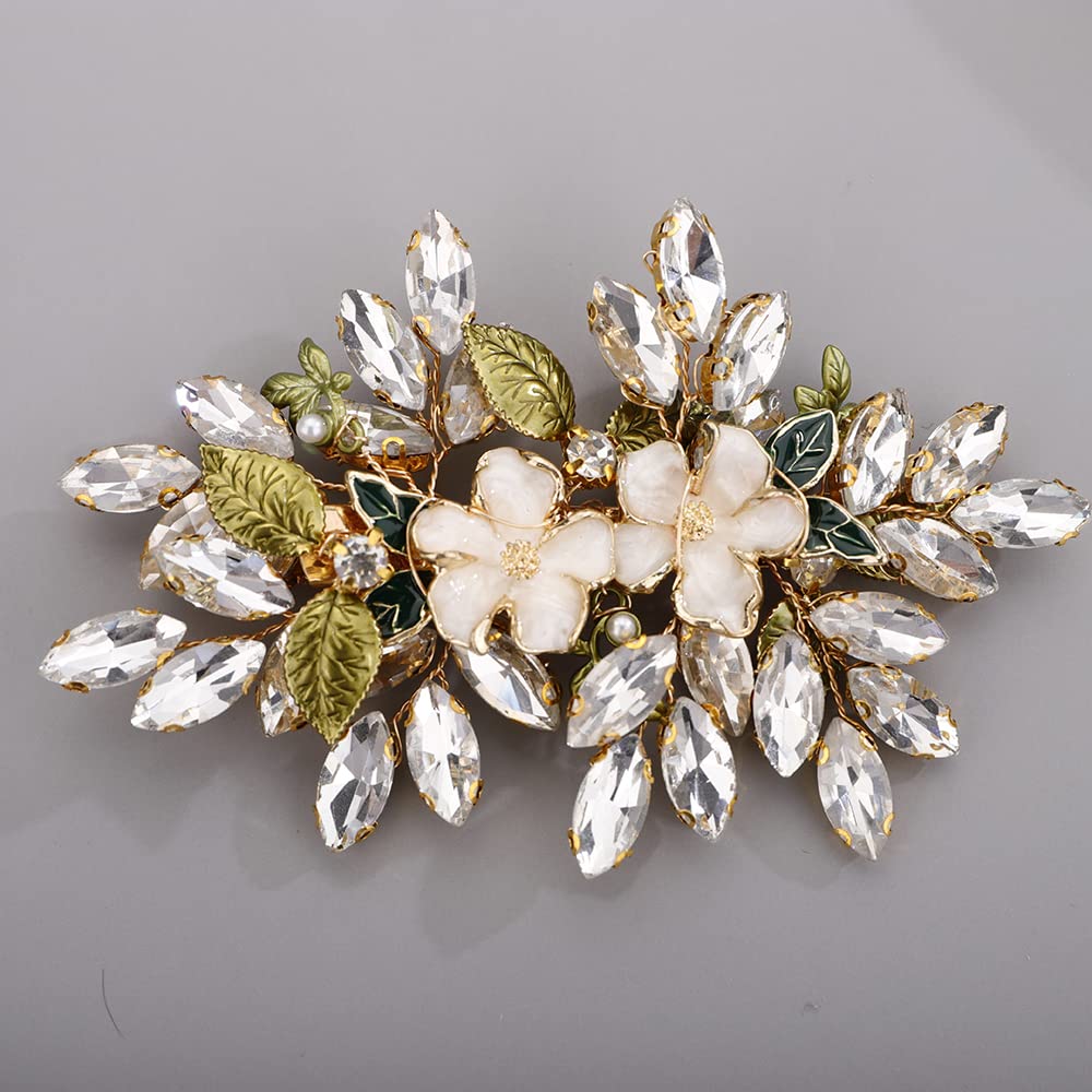 BERYUAN Cute Crystal Hair Piece Bridal Hair Comb Hair Clip for Bride Bridesmaid Green leaf Flower Hair Clip (CLIP)
