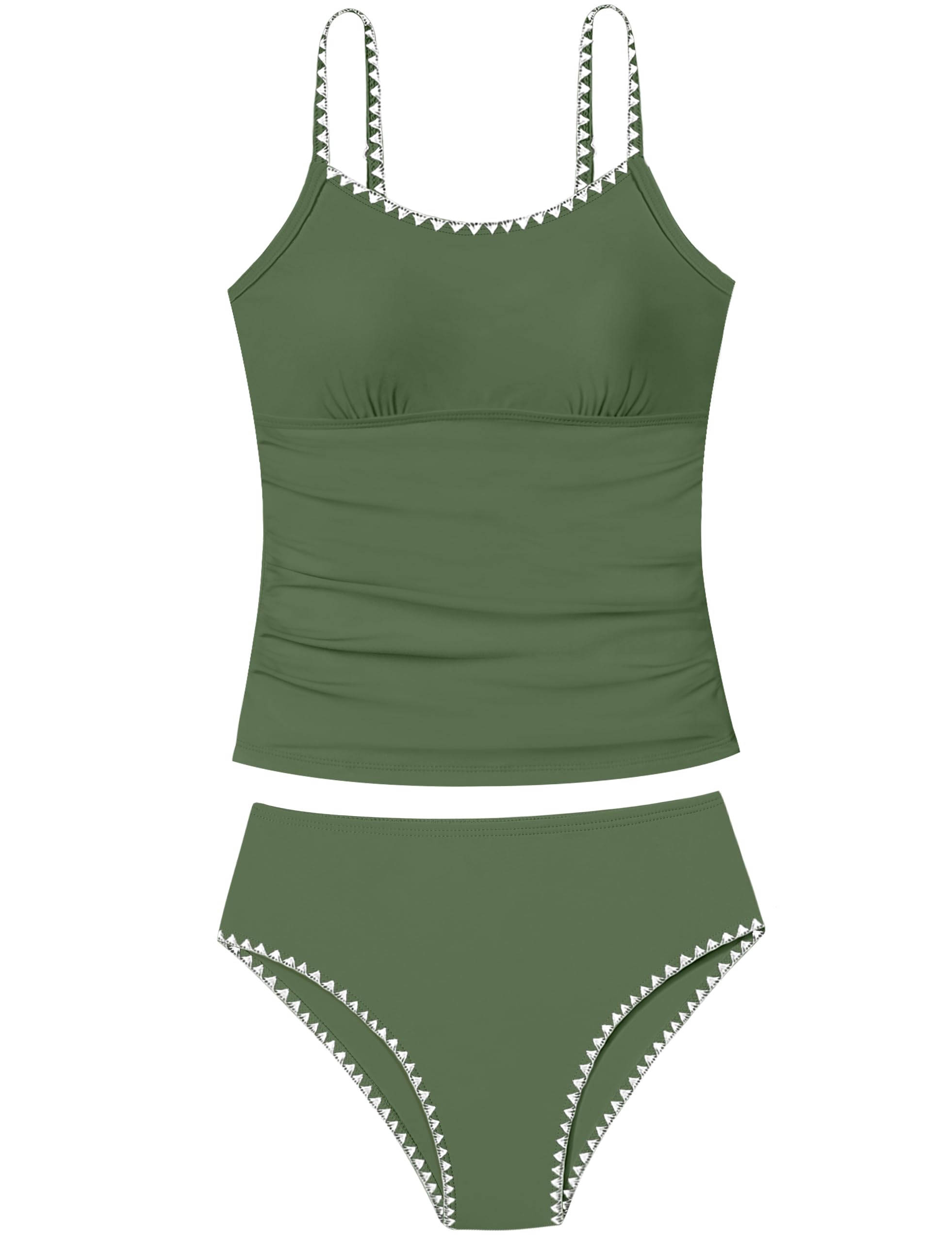 Girls Swimsuit Solid Color Tankini Contrast Trim Swimwear 2 Piece Bathing Suit Padded Swimsuits for Teens 9-16Y