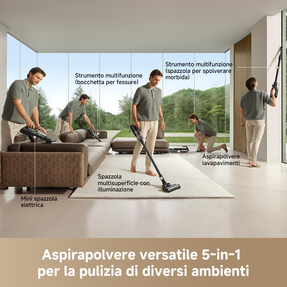 DREAME H14 Dual 5-in-1 Aspirapolvere Lavapavimenti, Dosaggio Intelligente del Detergente, Design Piatto, Lavaggio Spazzola 60 °C, Asciugatura 60 °C 5 min, GlideWheel, Aspirazione 18.000 Pa, Luce a LED