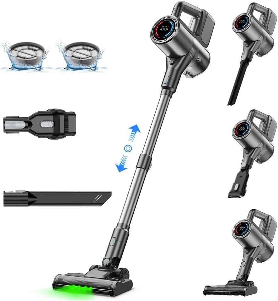 VersLife Cordless Vacuum Cleaner 500W/40KPA/40Mins, Lightweight Stick Vacuum with LED Display and Green Headlights, 6-Stages Filtration, Self-Standing Vacuum for Home Hard Floor Carpet, Silver