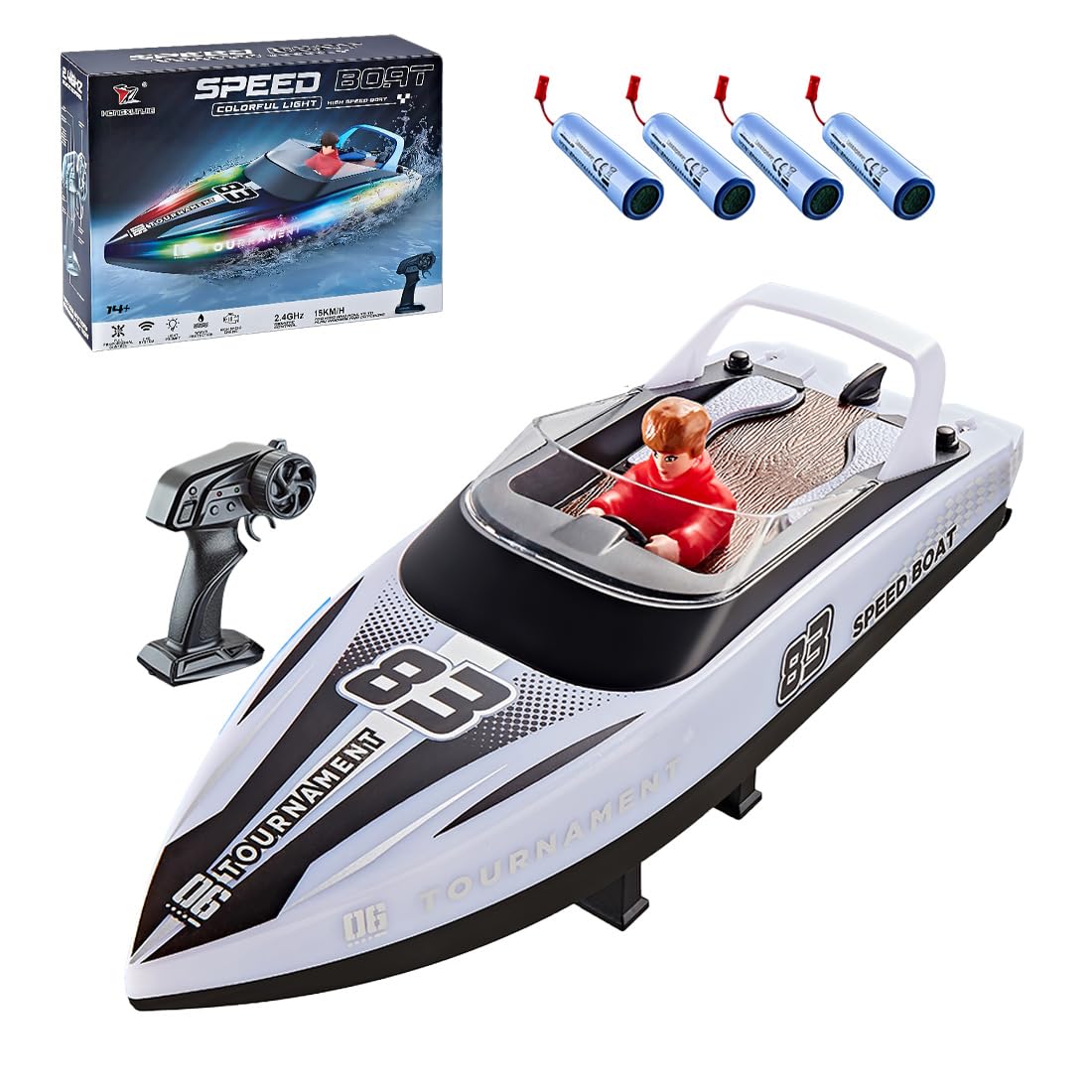 HJ821 - Lancha rápida a control remoto para adultos, 2.4 GHz de doble hélice de alta velocidad RC lancha de carreras con luces, modelo de embarcación eléctrica para piscina, lago