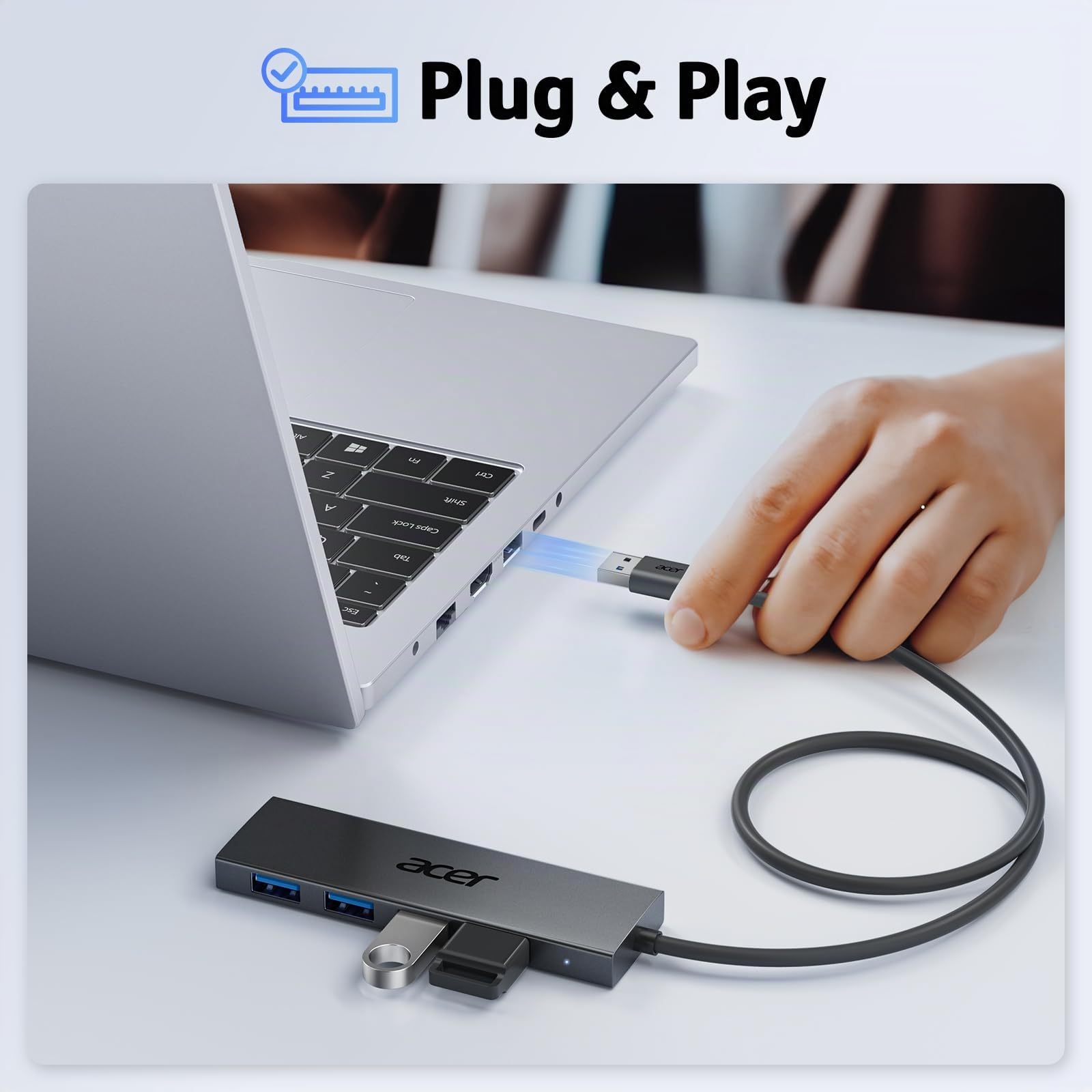 acer Hub USB 3.0, Adaptador USB Ultra Delgado de 4 Puertos, Divisor USB multipuerto con alimentación USB-A 5V3A, Compatible con Laptop Acer y PC, 60 cm