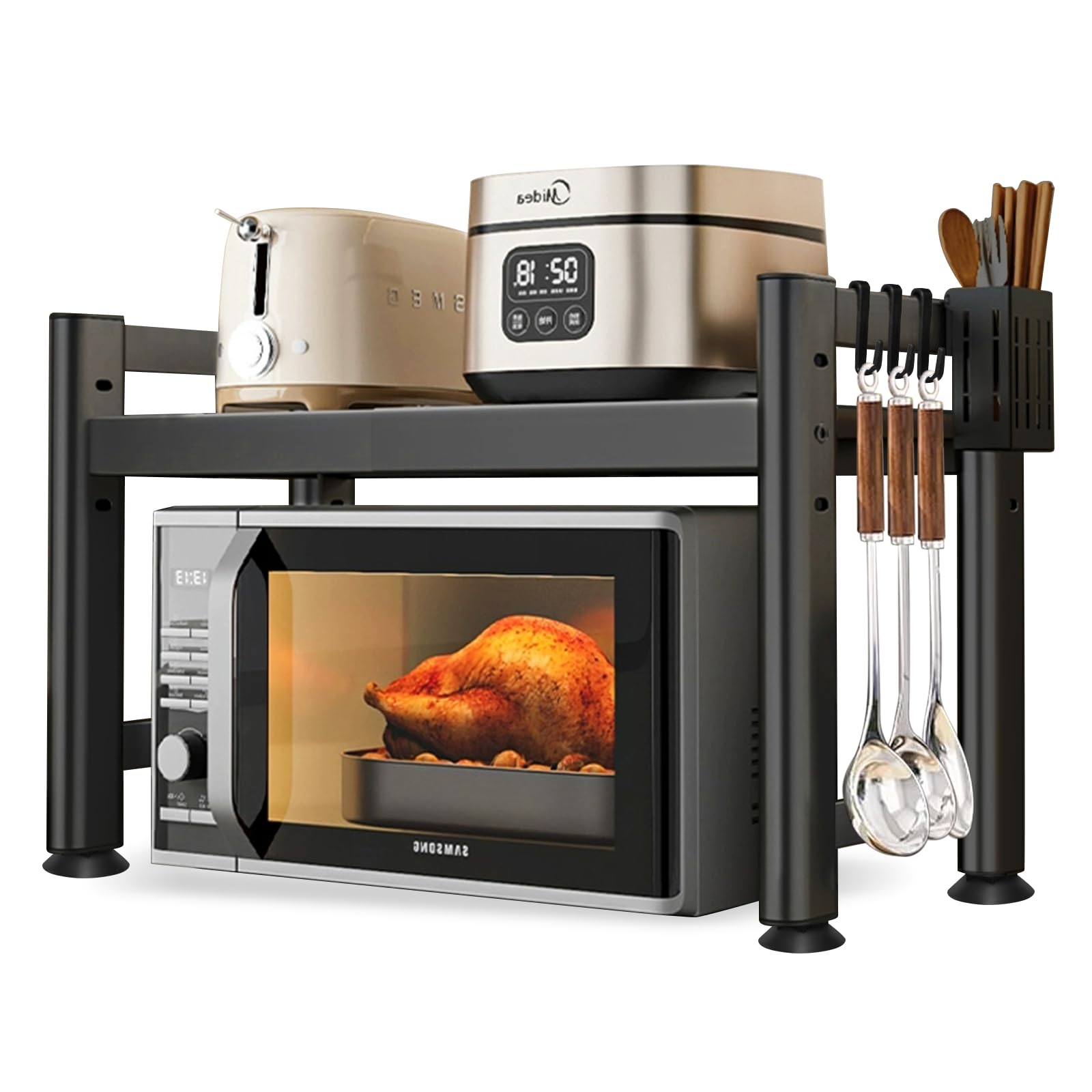 YSWOVUO Soporte para Microondas Extensible, Estanteria Microondas de Cocina 2 Niveles, Mueble para Microondas Encimera al Carbono, Estante para Microondas con 8 Ganchos 1 Soporte de Utensilios