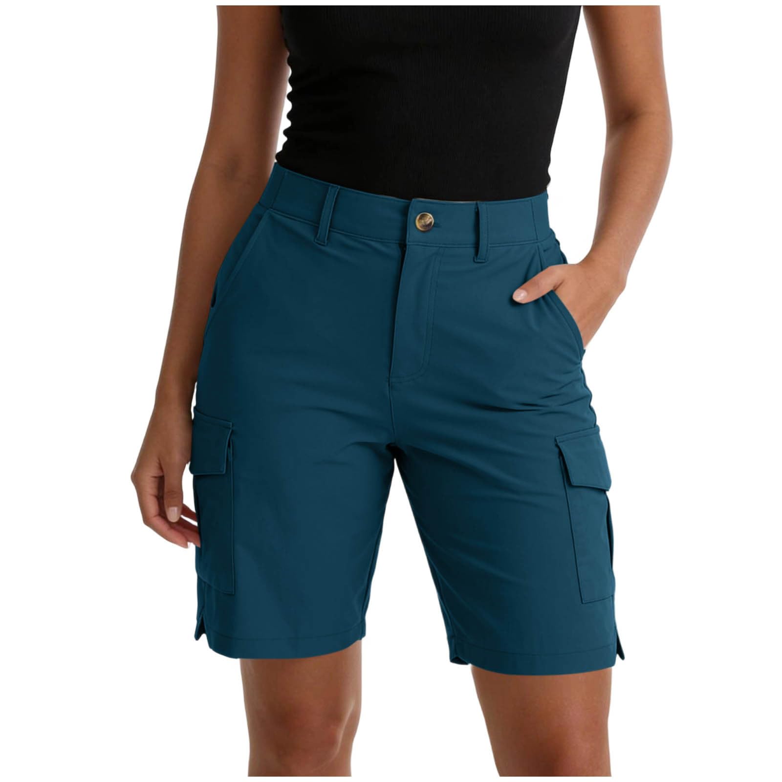 Generisch Cargo Shorts Damen Outdoor Wanderhose Kurz Stretch Funktionelle Bermudas mit Taschen Trekkinghose Sommerhose Locker Sitzende Kurze Hose mit Knopf Reißverschluss für Wandern Freizeit Camping