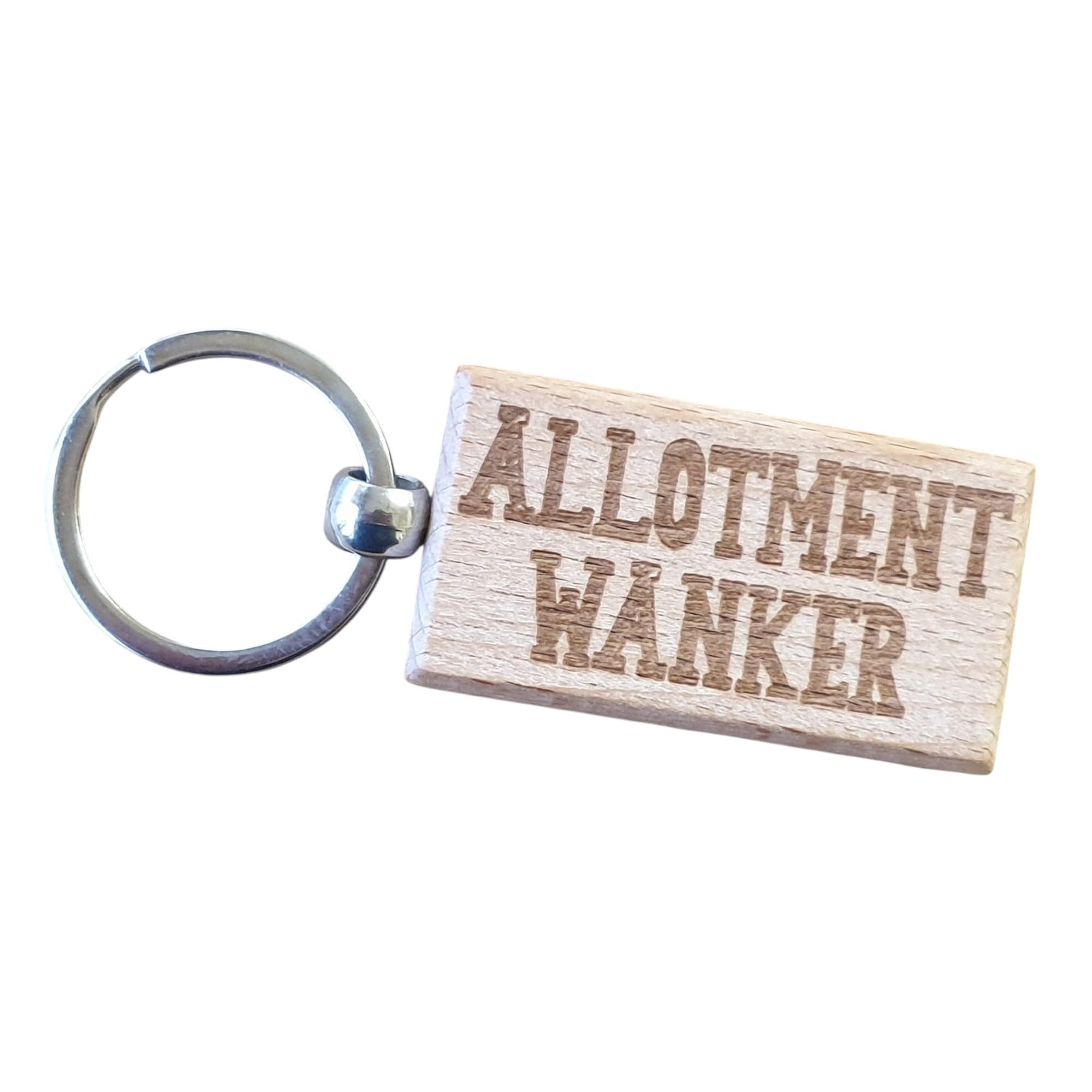 Decalarama Brown Allotment Wanker Keyring Gift Rude Cute Engraved Wooden Key Fob Novelty Custom Gardening Present