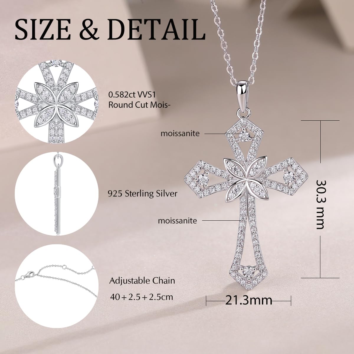 FANCIME Moissanite Croix Chaîne en argent sterling 925 Pendentif croix scintillante Collier avec Moissanite 1 Carat Bijoux Cadeaux d'anniversaire pour femmes, Longueur de la chaîne : 40 + 5 cm
