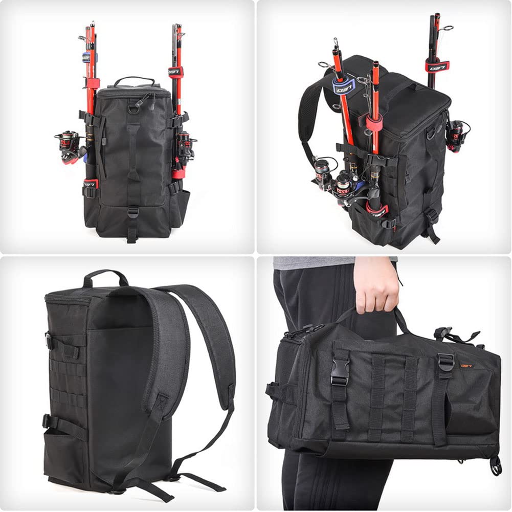 Mochila de Pesca, 2 Soportes para caña de Pescar, Mochila sin 4 Cajas de Aparejos, Bolsa de Equipo de Pesca Grande de 17.4 L para Pesca de Trucha, al Aire Libre, Camping, Senderismo, Negro