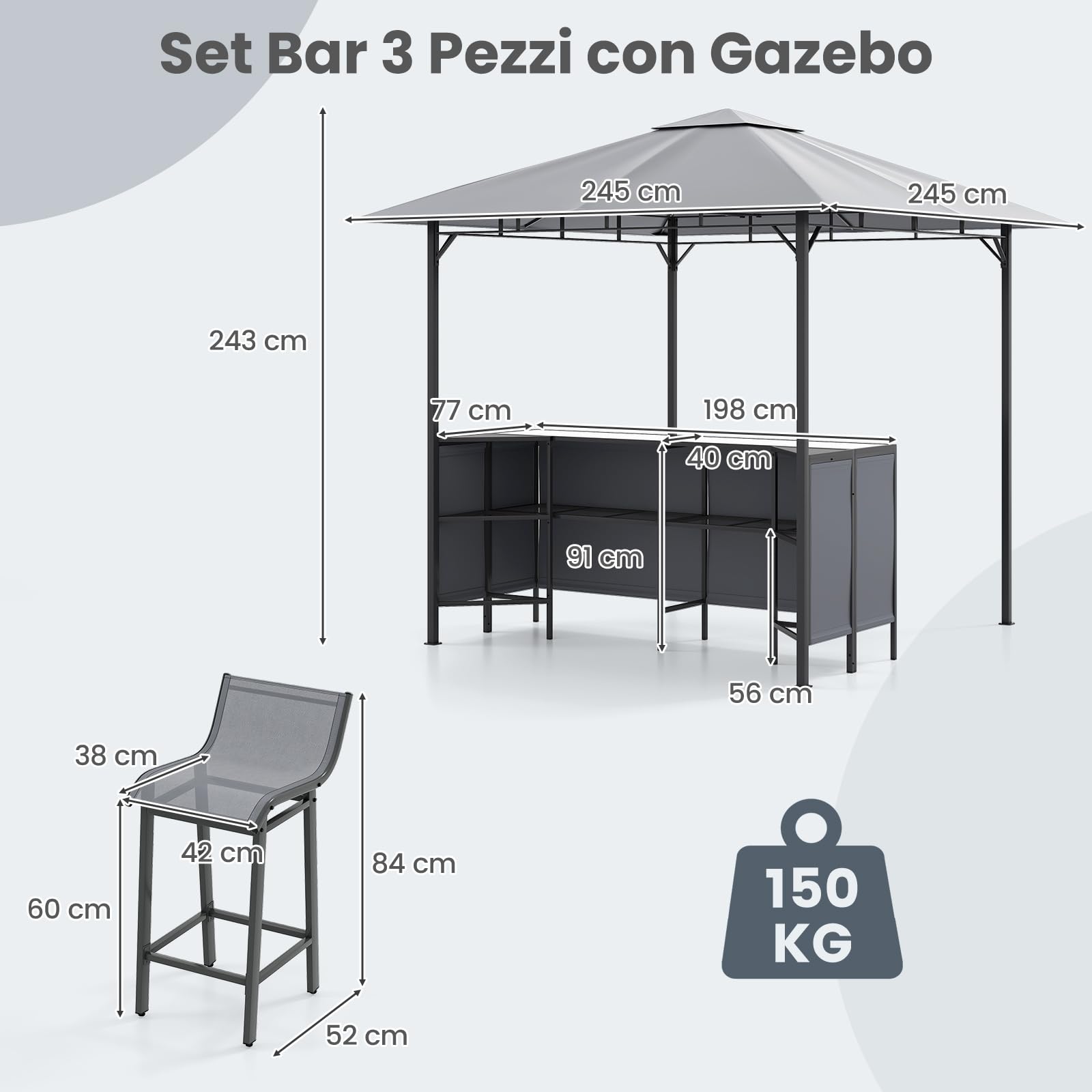 RELAX4LIFE Set di Mobili da Patio 3PZ, Pergola per BBQ a 2 Livelli, con 2 Sgabelli da Bar, Tavolo in Vetro Temperato, Mensola Portaoggetti, Portabicchieri, Gazebo per Grigliate per Feste Giardino
