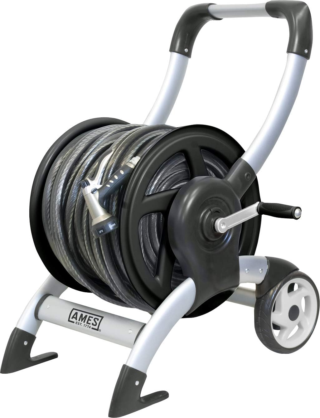 AMES2518000 Reel Cart, NeverLeak Design, Holds 200 ft. of 5/8 in. Garden Hose, Heavy Duty Aluminum, Silver