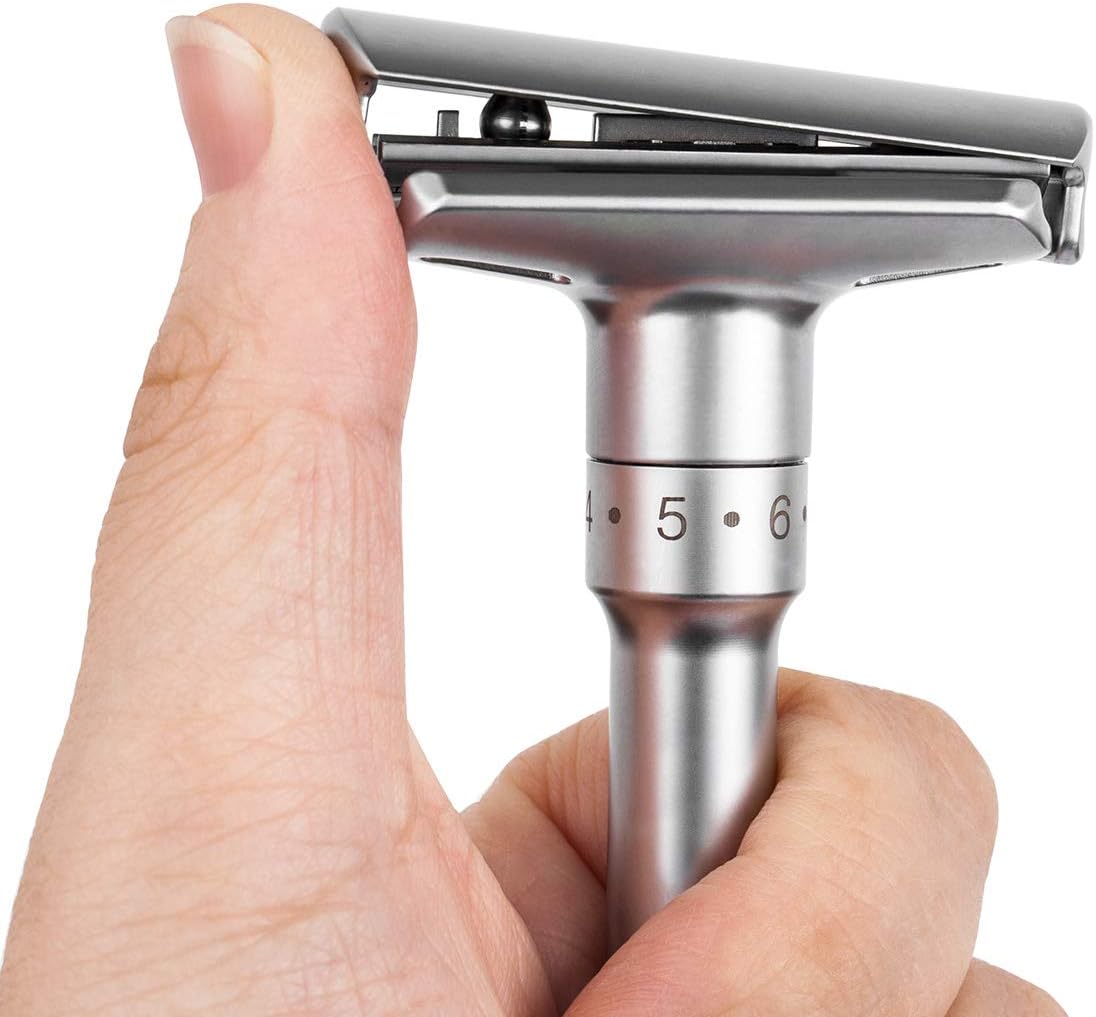 Классическая безопасная бритва QSHAVE с регулируемым двойным лезвием (1 бритва и 5 сменных лезвий с титановым покрытием) 2 штуки в ассортименте, фото 8