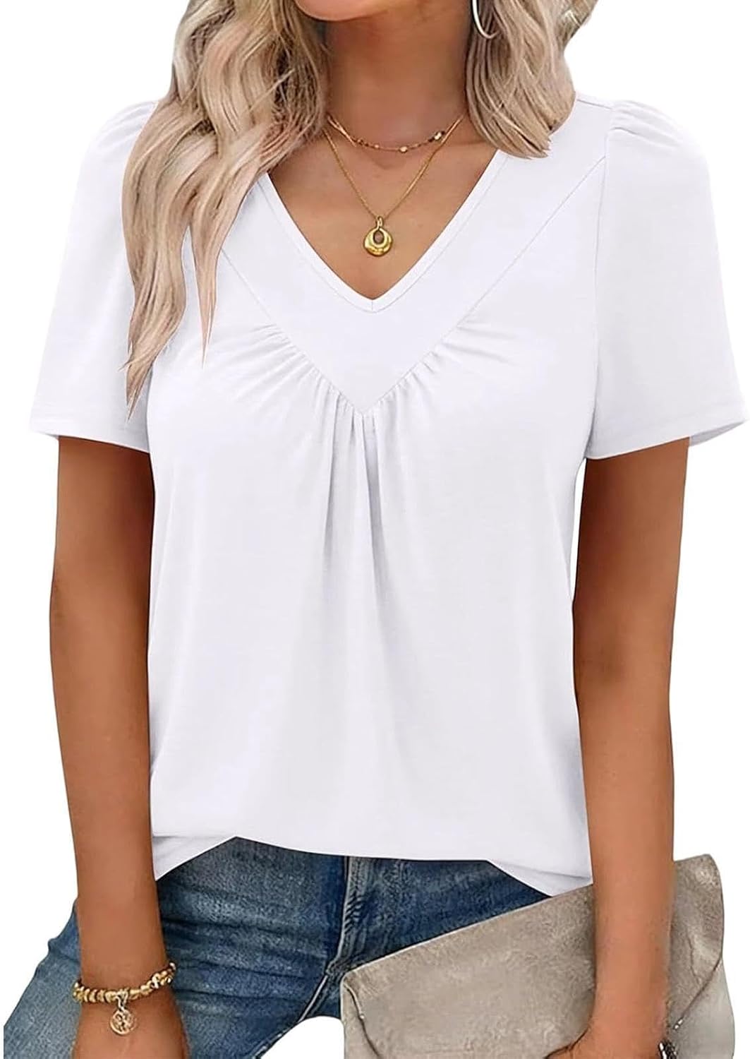 Womens Tops Short Sleeve V Neck T Shirts 2026 Summer Spring Beach Vacation Clothes Casual Loose Ruched Top image 2