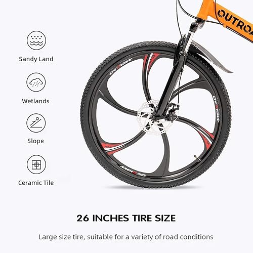 Miniatura 3 de Max4out Bicicleta de montaña plegable de 26 pulgadas, para hombre y mujer, marco de acero al carbono y 21 velocidades, freno de disco doble y