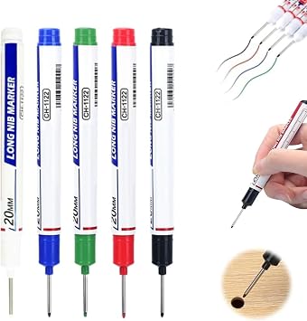 5 Pcs Long Head Deep Hole Marker Pens, 20mm Deep Reach Metal Marking Pen, Quick-dry Waterproof Construction Markers Marking Tool, Permanent Markers Carpenter Ink Marker Pens, Metal Marking Pen 5pcs