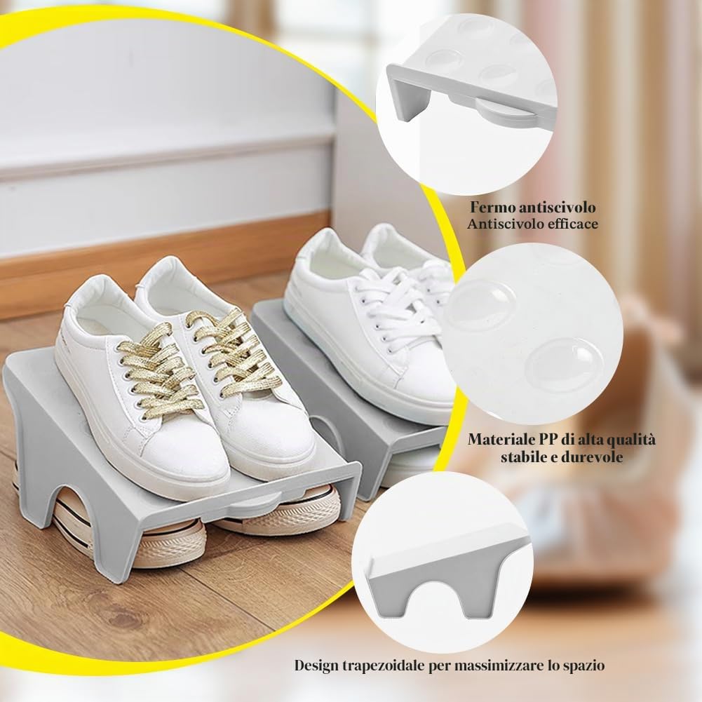 Organizzatori di Slot per Scarpe, 4 Pezzi Portascarpe Antiscivolo per Scarpe, Portascarp Antiscivolo per Scarpa, Scarpiera Regolabile Salvaspazio, Scarp Doppio Strato Supporto per Armadio