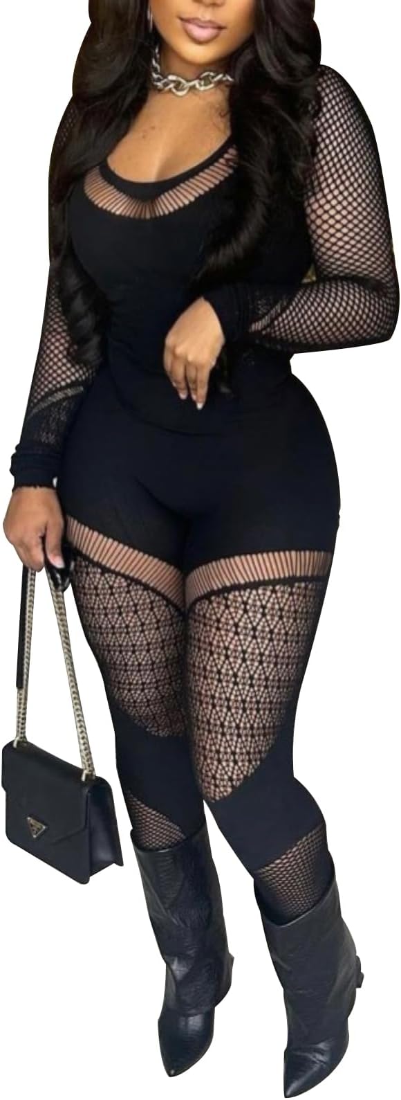 Women Sexy See Through Womens Jumpsuit Outfits Mesh Hollow Out Crop Top Bodycon Long Sleeve Rompers
