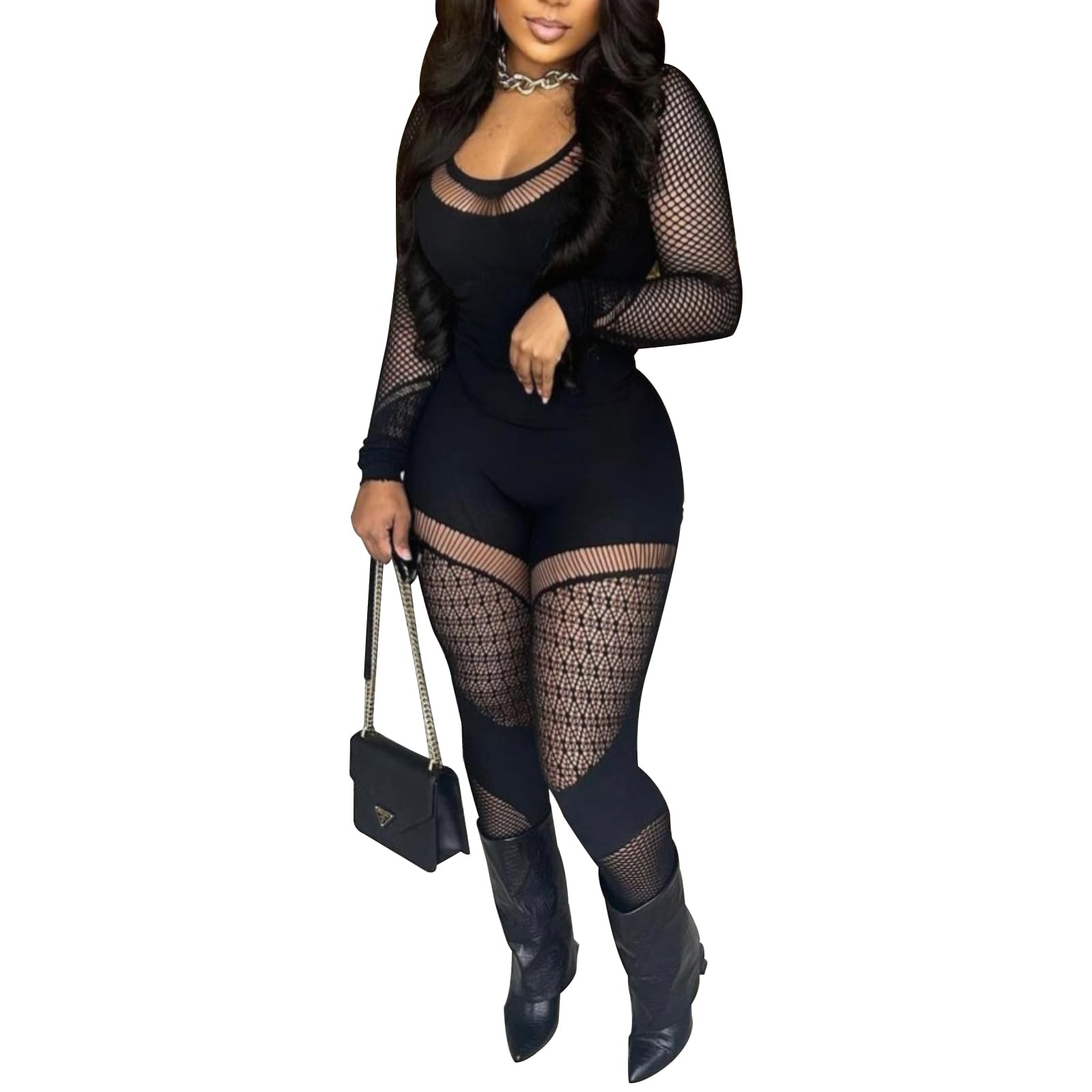 Women Sexy See Through Womens Jumpsuit Outfits Mesh Hollow Out Crop Top Bodycon Long Sleeve Rompers