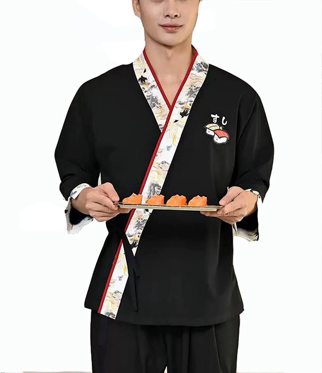Stilvolle Uniformen Kochjacke for Herren und Damen, 3/4-Ärmel, japanischer Stil, Sushi-bedruckter Kimono-Cardigan, Kochkleider (Color : Men, Size : XL)