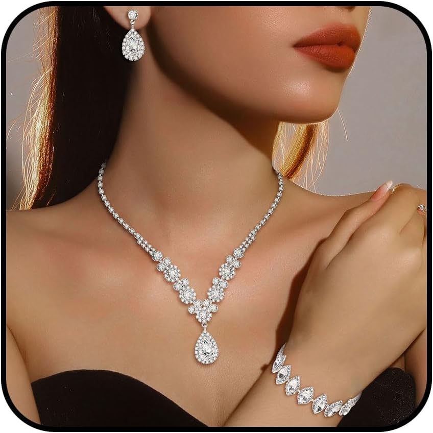 Necklace Earrings Bracelet Jewelry Set for Women Rhinestone Crystal Wedding Necklace Earrings Set Bridal Accessories Party Jewelry Set for Bridal Bridesmaid