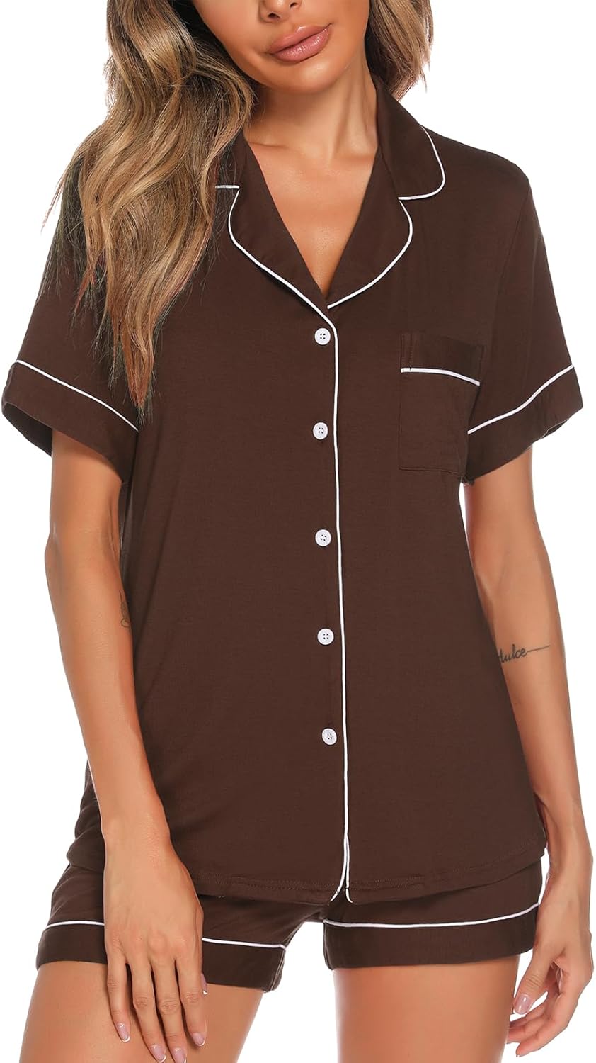 Aamikast Button Up Pajama Set for Women Shorts Short Sleeve Knit Sleepwear 2 Pice Pjs Sets