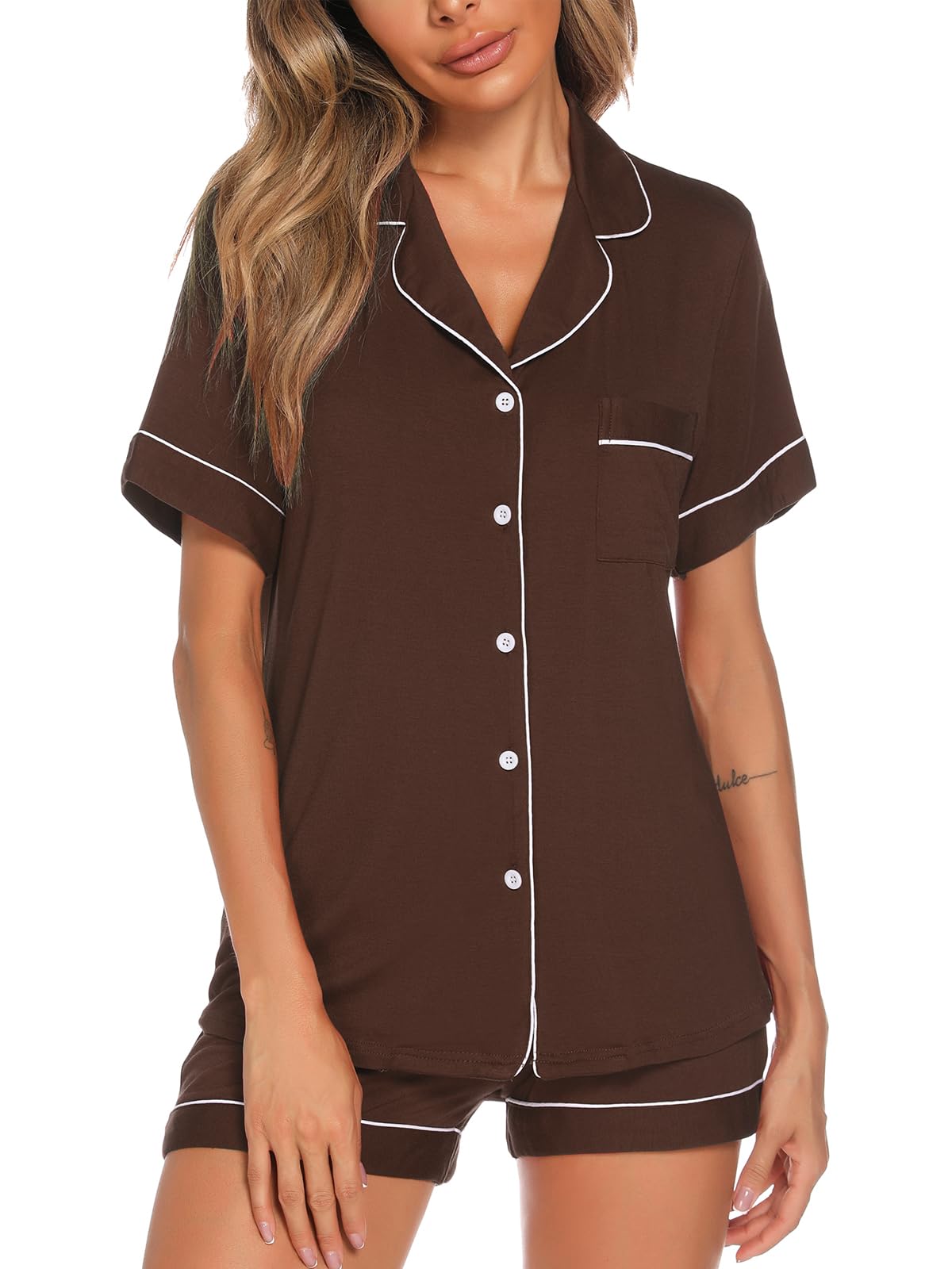 Aamikast Button Up Pajama Set for Women Shorts Short Sleeve Knit Sleepwear 2 Pice Pjs Sets
