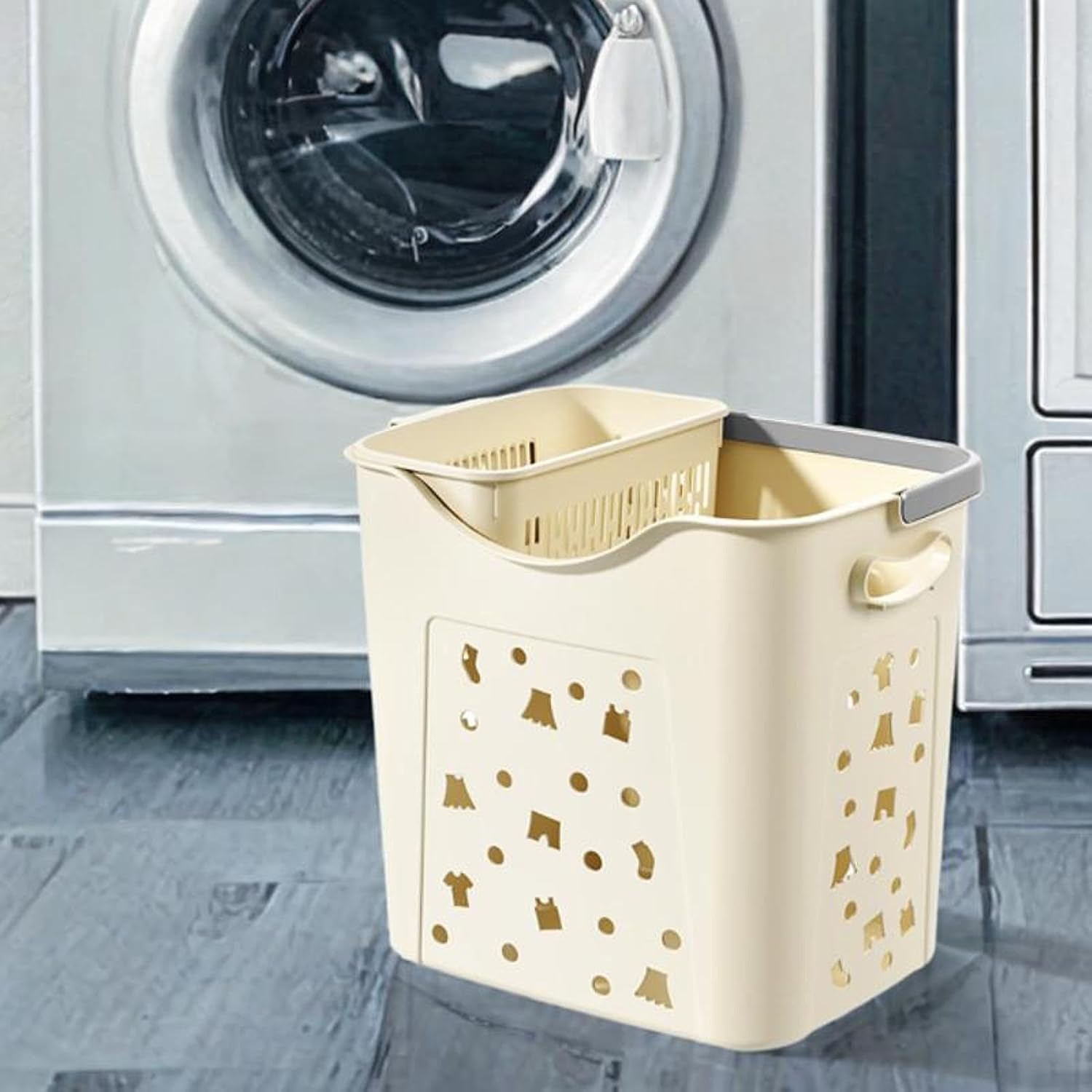Generic Laundry Basket with Handle & Side Container,Space Saving Hamper,Large Dirty Clothes Storage Basket for Closet, Dorm, Laundry Room, Bedroom,Nestable, Ventilation Hole, 37cmx29cmx35cm, White