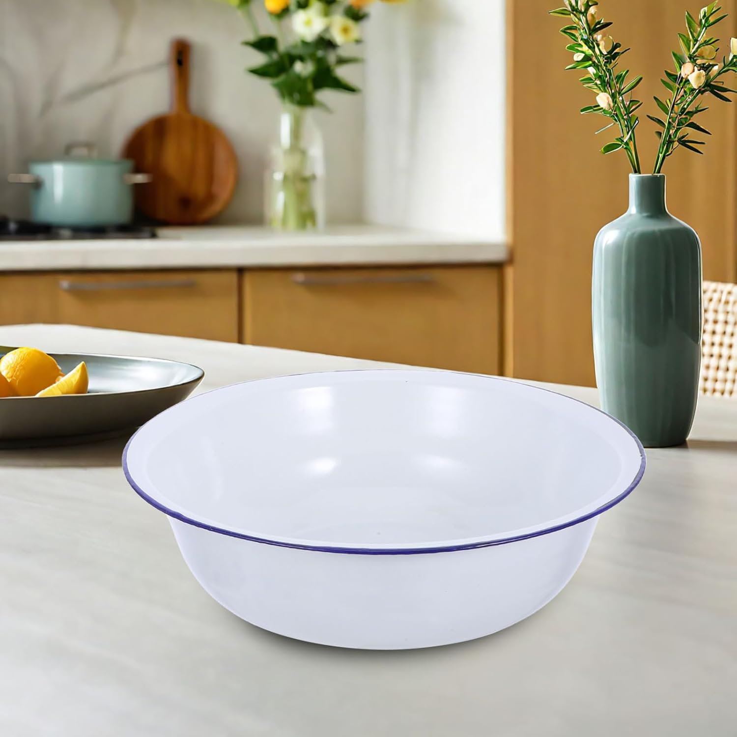 Happyyami 2pcs Vintage Enamelware Basin - White 36cm Classic Bowl with Blue Rim for Mixing, Washing, Camping & Fruit Serving