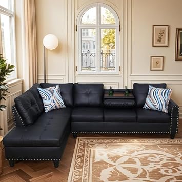 L-Shaped Sectional Sofa, Modern Sectional Couches Home Sofas for Living Room with Movable Chaise, Modular Living Room Sets Furniture for Apartment Bedroom & Office, Black
