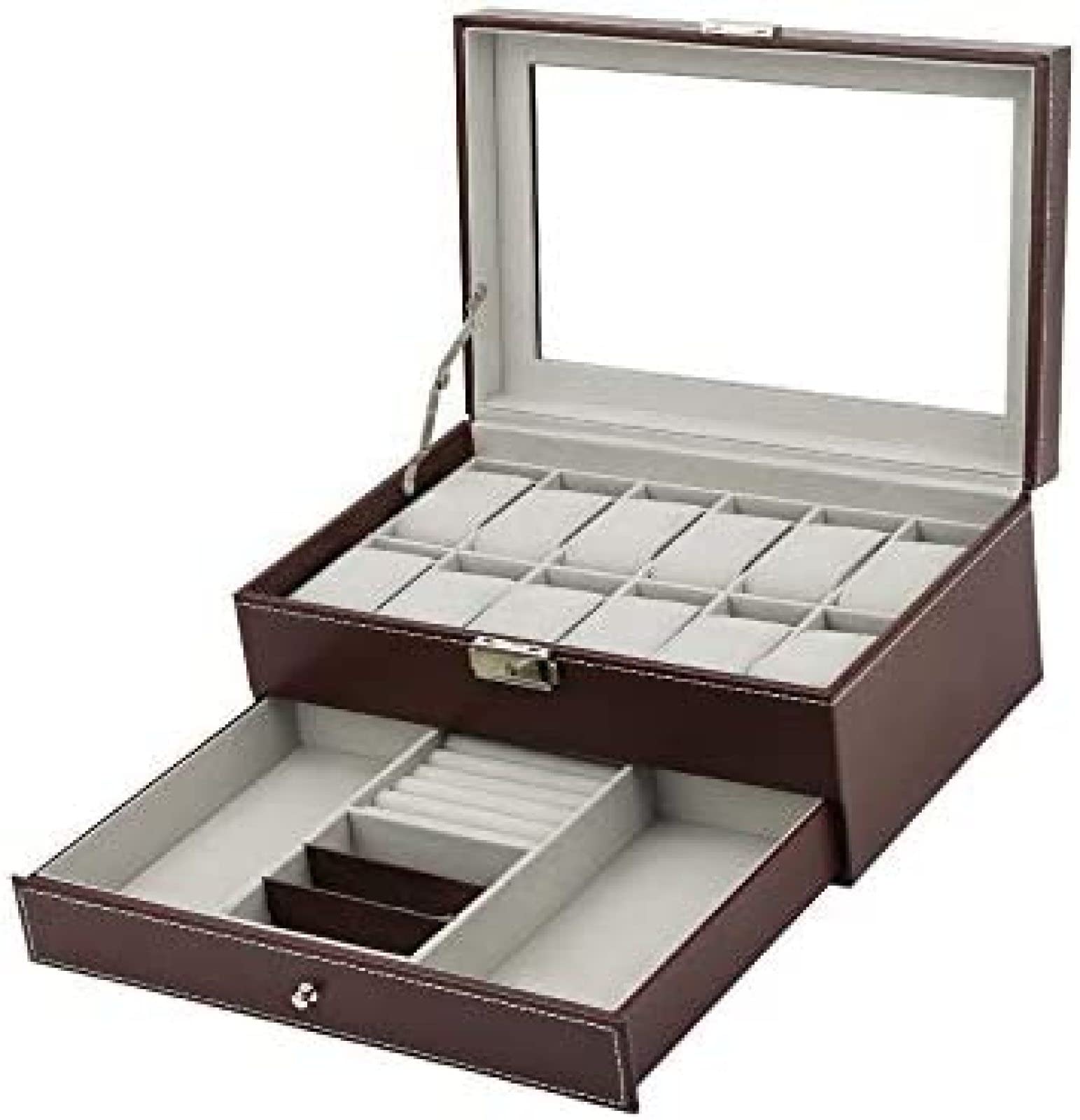 YNBSHGAA 2 Layer Multi-Function Lockable Watch Jewelry Storage Box for 20 Watches Bracelets Rings Necklaces Earrings PU Large Leather Jewellery Display Cabinet,Brown,Brown