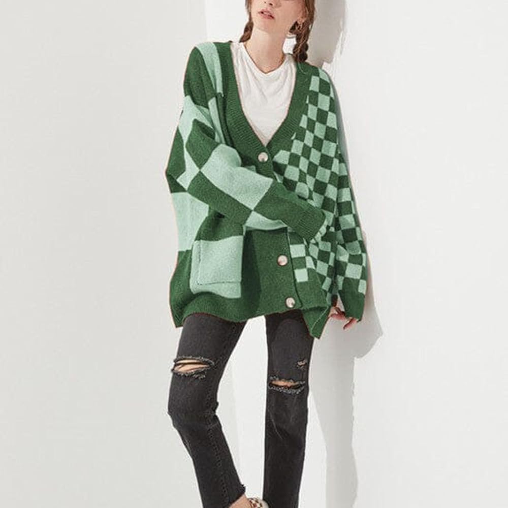Women Checkered Cardigan Y2K Cable Knit Plaid Long Puff
