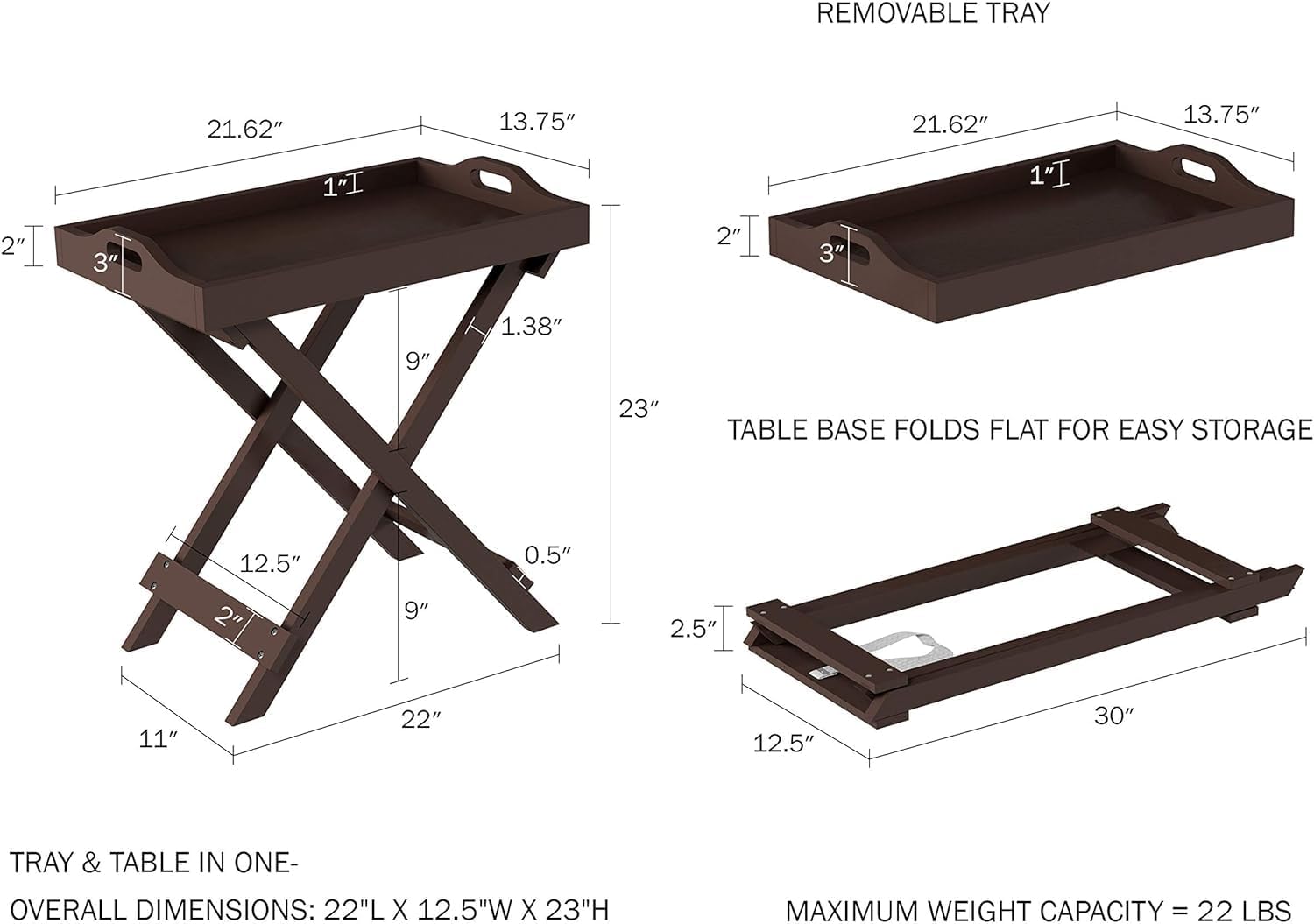 WIQOWEG Solid Sheesham Wood Home Folding End Table with Removable Tray Top, 22-Inch Tall (Brown)