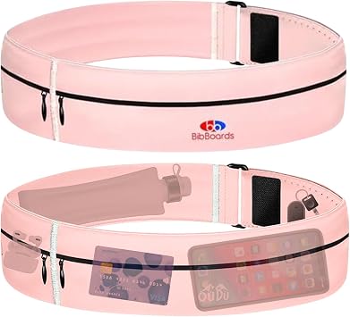BibBoards Running Belt, Pink | No-Bounce, Water & Sweat-Resistant Fanny Pack for Phone, Keys, Cards | Adjustable Waist 38-48 | Lightweight for Running, Cycling, Hiking, Marathons and Races