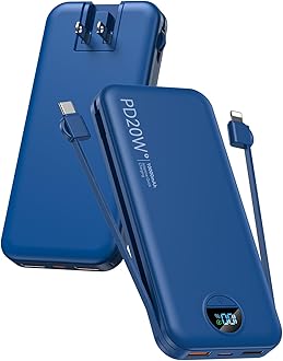 Portable Charger Power Bank, 10000mAh PD20W USB C Fast Charging with Built-in Cables & Wall Plug, 5-in-1 External Battery Pack with LED Display, Perfect Backup for iPhone, iPad, Samsung Navy