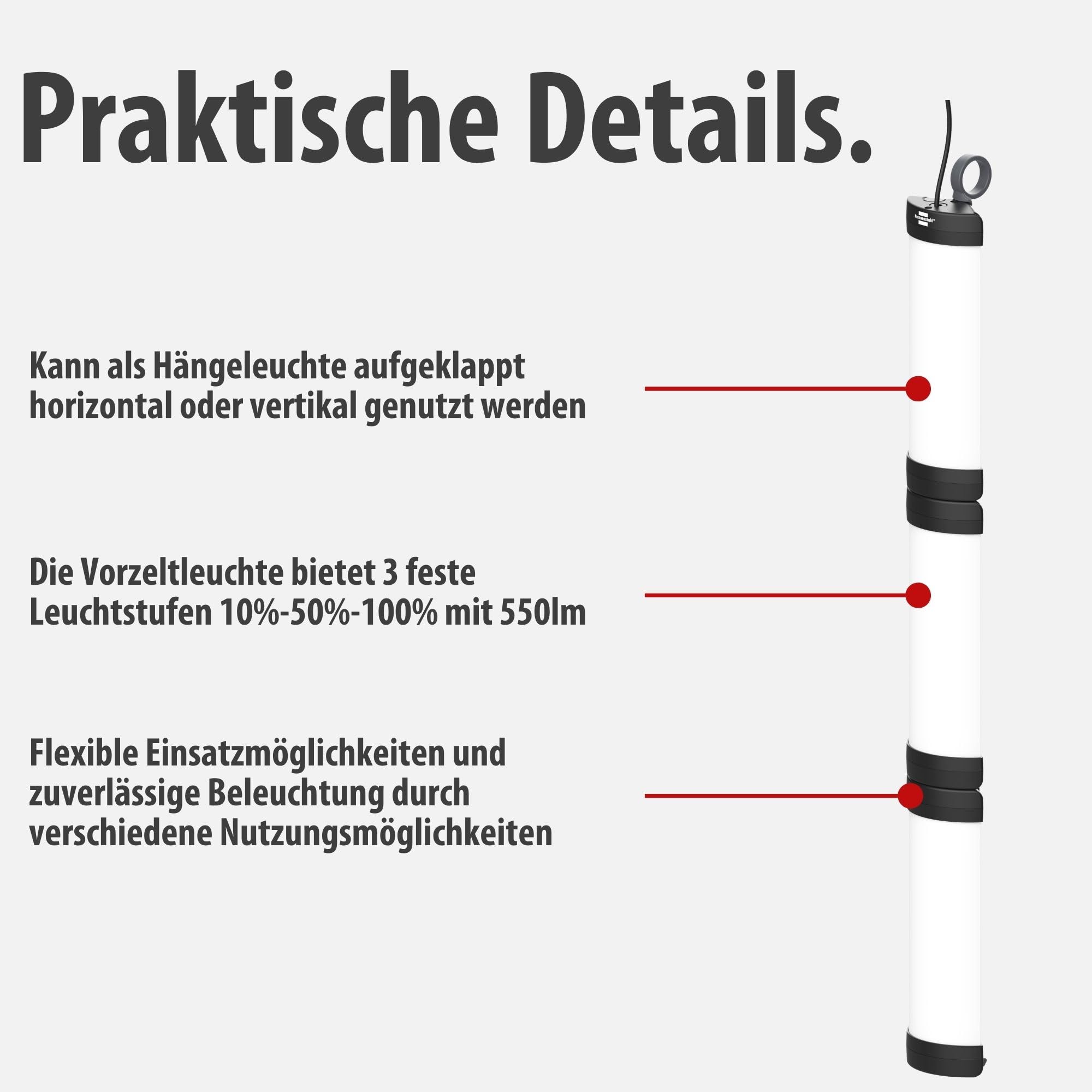 Brennenstuhl LED Vorzeltleuchte VL 500 (Hänge- und Stehlampe, 550lm, 5m USB C Kabel mit Schalter, IP54, dimmbar, Campinglampe mit Farbtemperaturstufen 2700K-6500K)